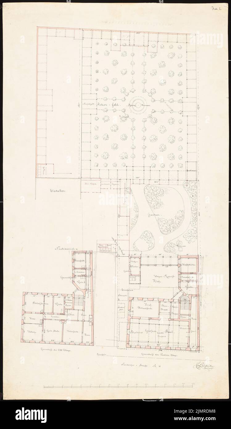 Lüdecke Carl Johann Bogislaw (1826-1894), immeuble résidentiel Hildebrandt avec restaurant, Breslau (1871-1871): Selon le plan avec plan d'étage rez-de-chaussée et 1st étages, 2 bandes d'échelle (dont un mètre). Encre, crayon, couleur encre, aquarelle sur carton, 84,7 x 48,8 cm (y compris les bords de balayage) Lüdecke Carl Johann Bogislaw (1826-1894): Wohnhaus Hildebrandt mit Gaststätte, Breslau Banque D'Images