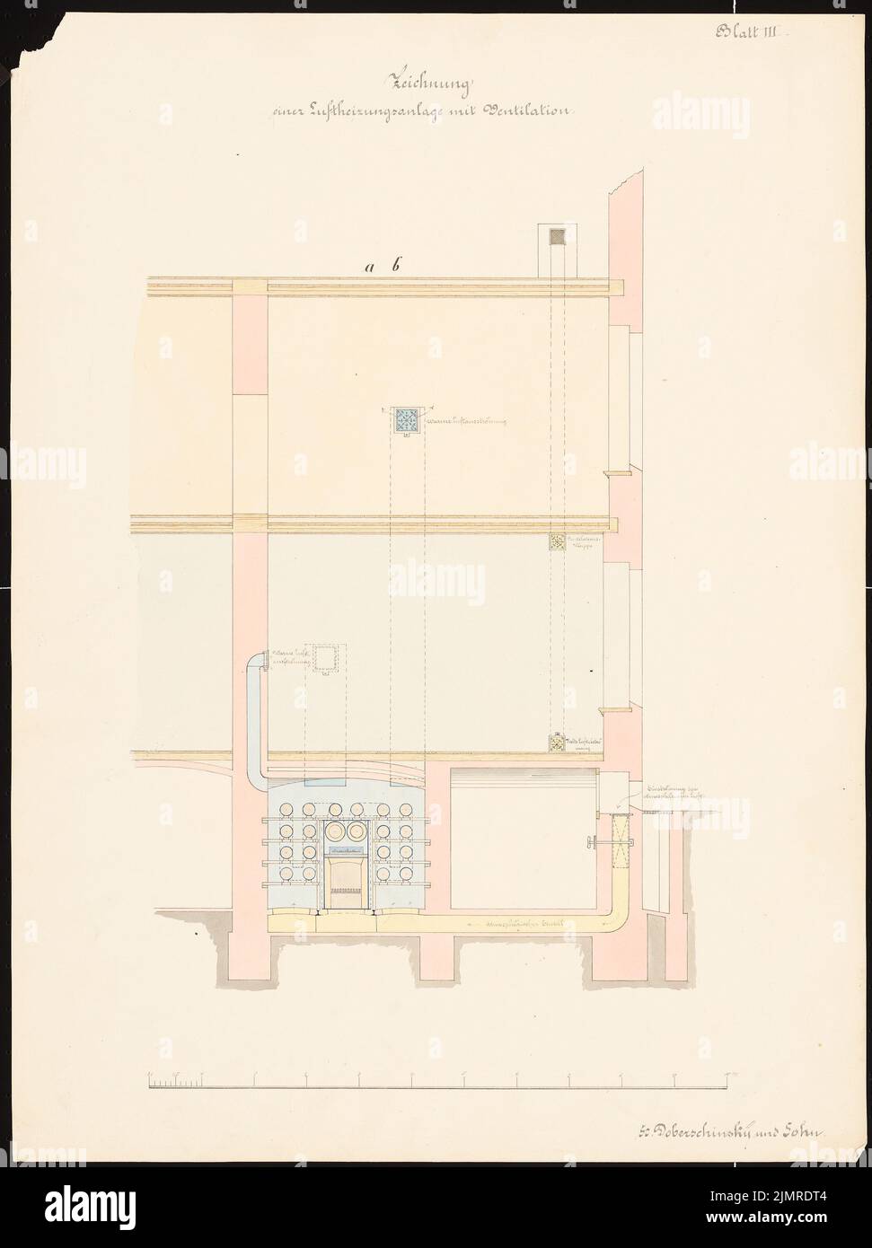 Lüdecke Carl Johann Bogislaw (1826-1894), Château de Dyhrenfurth. Système de chauffage de l'air (sans date) : coupe, barre graduée. Encre, couleur encre, aquarelle sur carton, 65,2 x 48,8 cm (y compris les bords de numérisation) Lüdecke Carl Johann Bogislaw (1826-1894): Schloss Dyhrenfurth. Luftheizungsanlage Banque D'Images