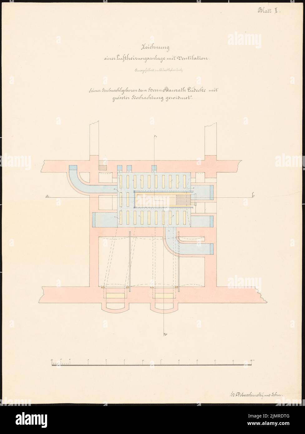 Lüdecke Carl Johann Bogislaw (1826-1894), Château de Dyhrenfurth. Système de chauffage de l'air (sans date) : cave à plancher, échelle (mètre). Tuche aquarelle sur la boîte, 64,9 x 48,8 cm (y compris les bords de balayage) Lüdecke Carl Johann Bogislaw (1826-1894): Schloss Dyhrenfurth. Luftheizungsanlage Banque D'Images