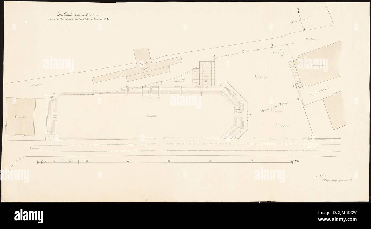 Lüdecke Carl Johann Bogislaw (1826-1894), installations pour le festival de gymnastique sur la Palaisplatz à Breslau (1887): Plan du département avec plan d'étage et barre d'échelle. Aquarelle crayon et encre sur la boîte, 59,5 x 108,2 cm (y compris les bords de balayage) Lüdecke Carl Johann Bogislaw (1826-1894): Einrichtungen zum Turnfest auf dem Palaisplatz, Breslau Banque D'Images