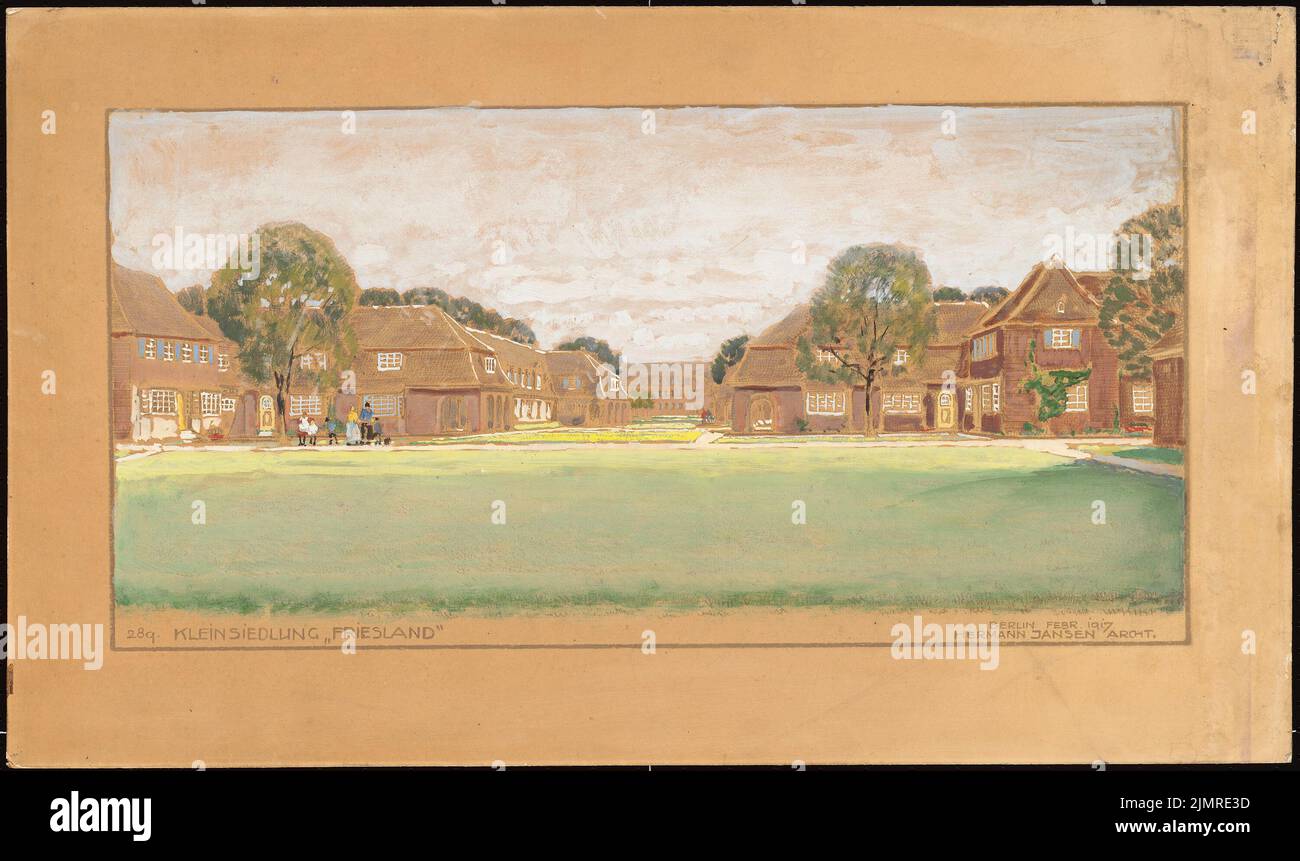 Jansen Hermann (1869-1945), Kleinsiedlung Friesland, Emden (02,1917) : vue de la zone verte depuis l'établissement de baignade vers le bâtiment de l'école. Aquarelle légère brise, en blanc sur papier, 40,7 x 68,6 cm (y compris les bords de numérisation) Jansen Hermann (1869-1945): Kleinsiedlung Friesland, Emden Banque D'Images