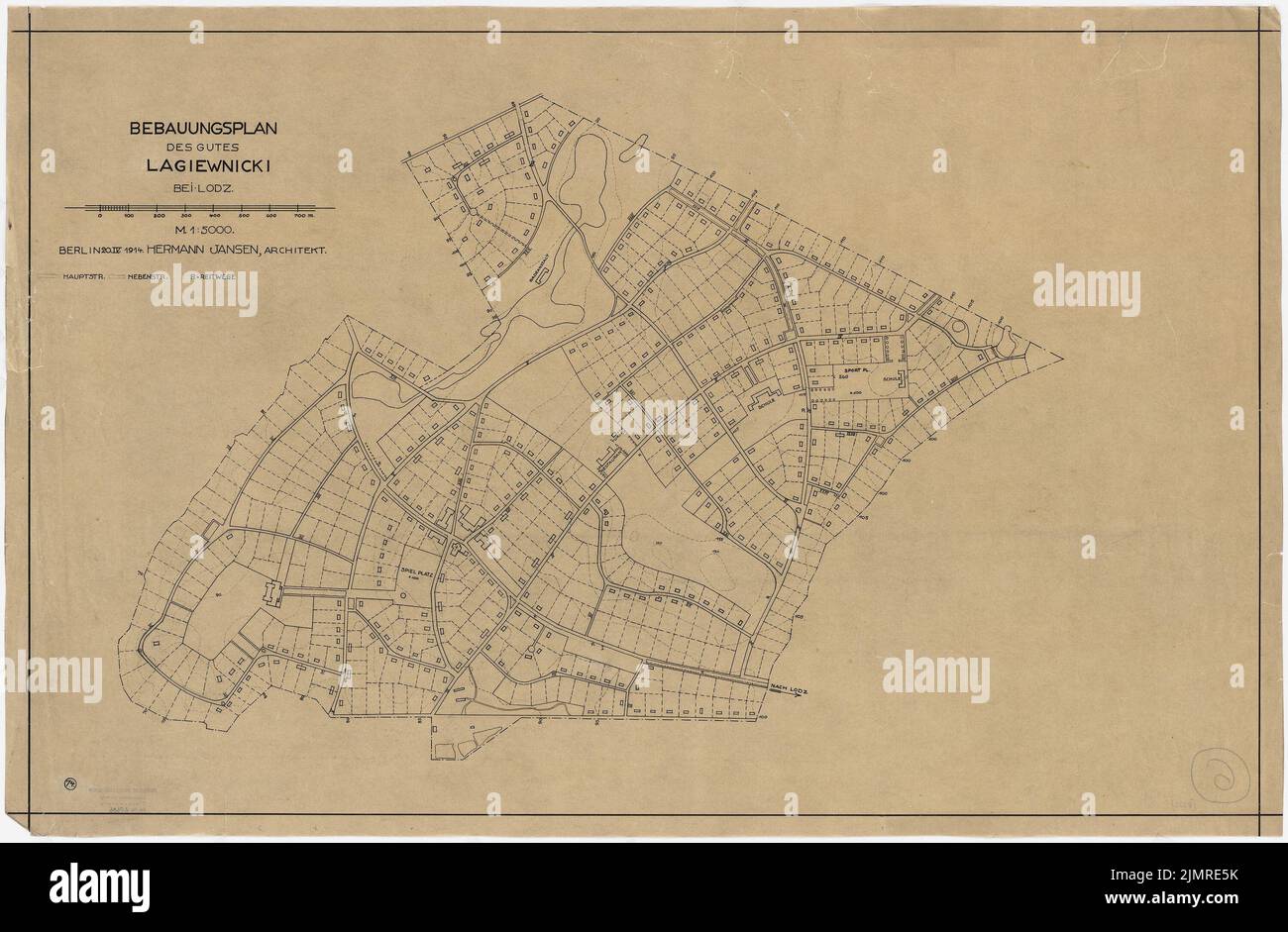 Jansen Hermann (1869-1945), plan de développement de la propriété Lagiewnicki près de Lodz (20 avril 1914): Département 1: 5000. Encre et crayon sur transparent, 59,7 x 91,2 cm (y compris les bords de balayage) Jansen Hermann (1869-1945): Bebauungsplan des Gutes Lagiewnicki, Lodz Banque D'Images