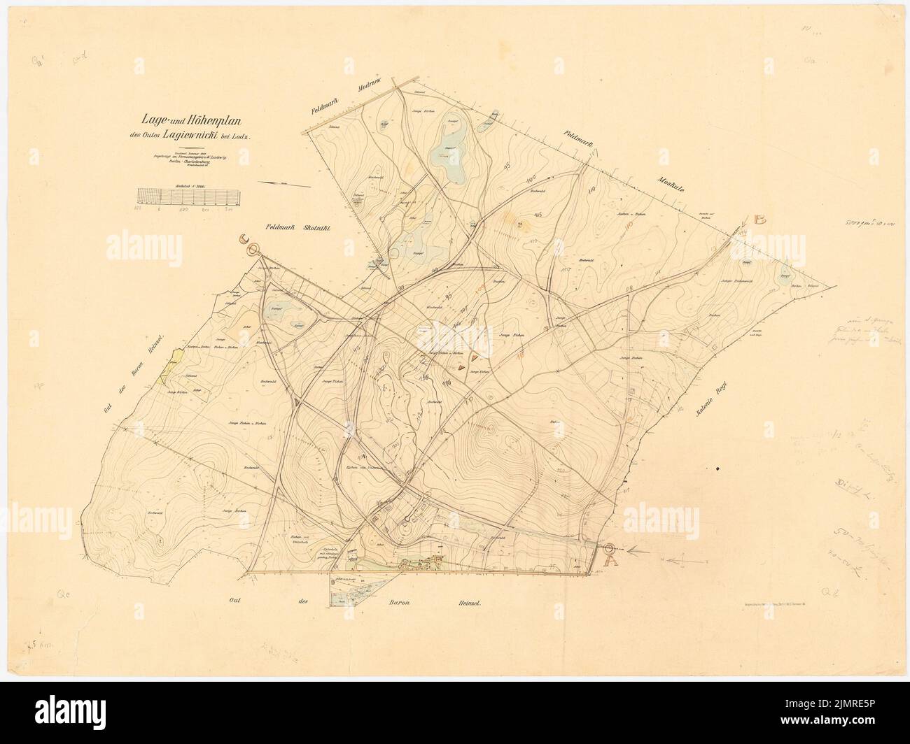 Jansen Hermann (1869-1945), plan de développement du domaine de Lagiewnicki près de Lodz (1913) : plan d'emplacement et de hauteur 1 : 3000. Encre, crayon et crayons de couleur aquarelle sur papier, 60,9 x 81,2 cm (y compris les bords de numérisation) Jansen Hermann (1869-1945): Bebauungsplan des Gutes Lagiewnicki, Lodz Banque D'Images