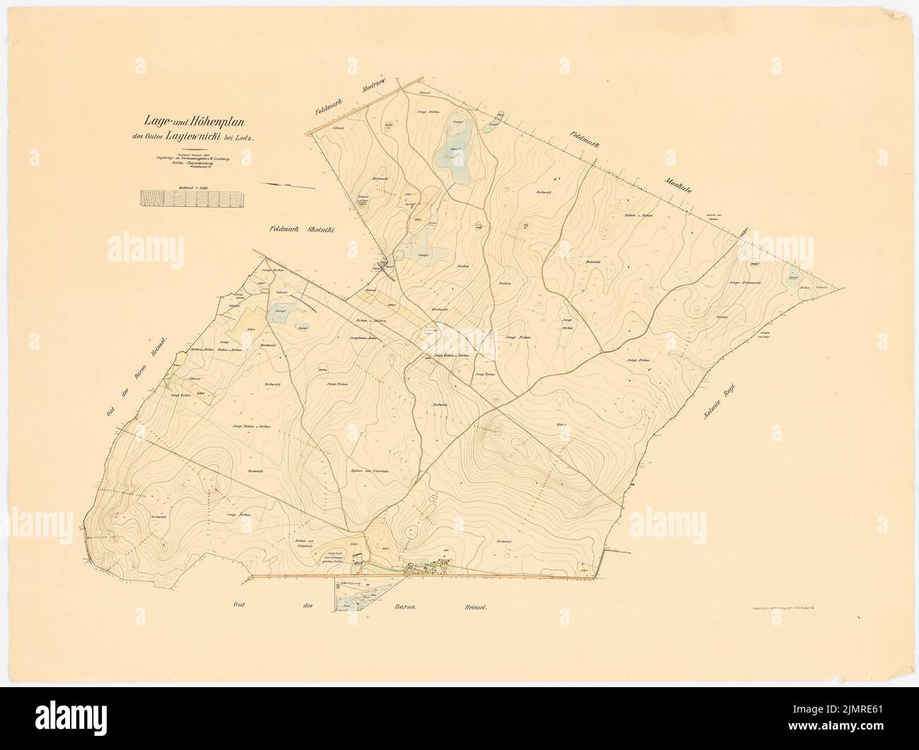 Jansen Hermann (1869-1945), plan de développement de la propriété Lagiewnicki près de Lodz (1913): Plan d'emplacement et de hauteur 1: 3000 (sous le n° Inv 20684). Tusche aquarelle sur pression sur papier, 60,9 x 81,4 cm (y compris les bords de numérisation) Jansen Hermann (1869-1945): Bebauungsplan des chutes Lagiewnicki, Lodz Banque D'Images
