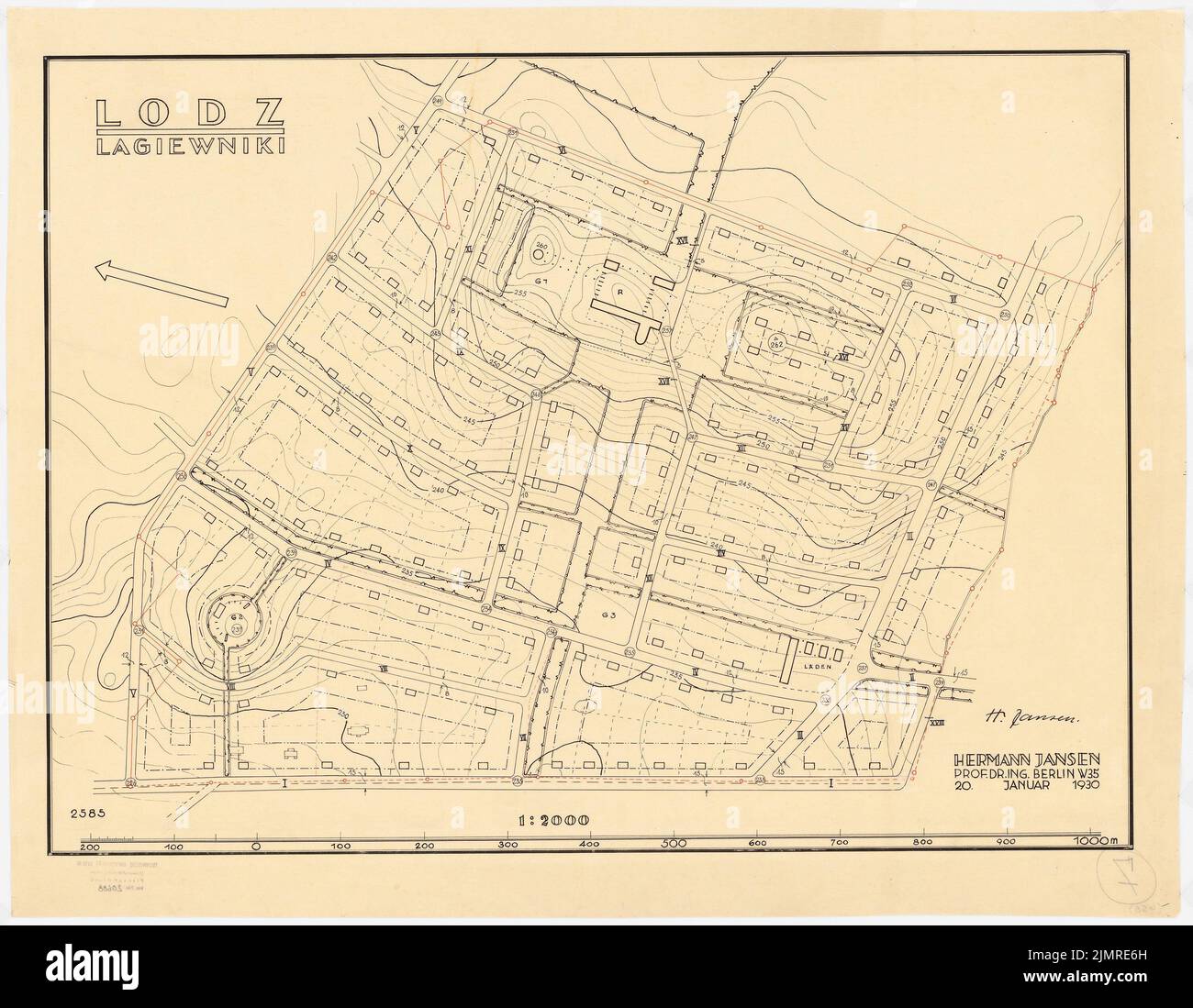 Jansen Hermann (1869-1945), plan de développement du domaine Lagiewnicki près de Lodz. Mémoire (01/20/1930): Grund et plan du site 1: 2000. Encre sur transparent, 55,2 x 71,1 cm (y compris les bords de balayage) Jansen Hermann (1869-1945): Bebauungsplan des Gutes Lagiewnicki, Lodz. Mémoire Banque D'Images