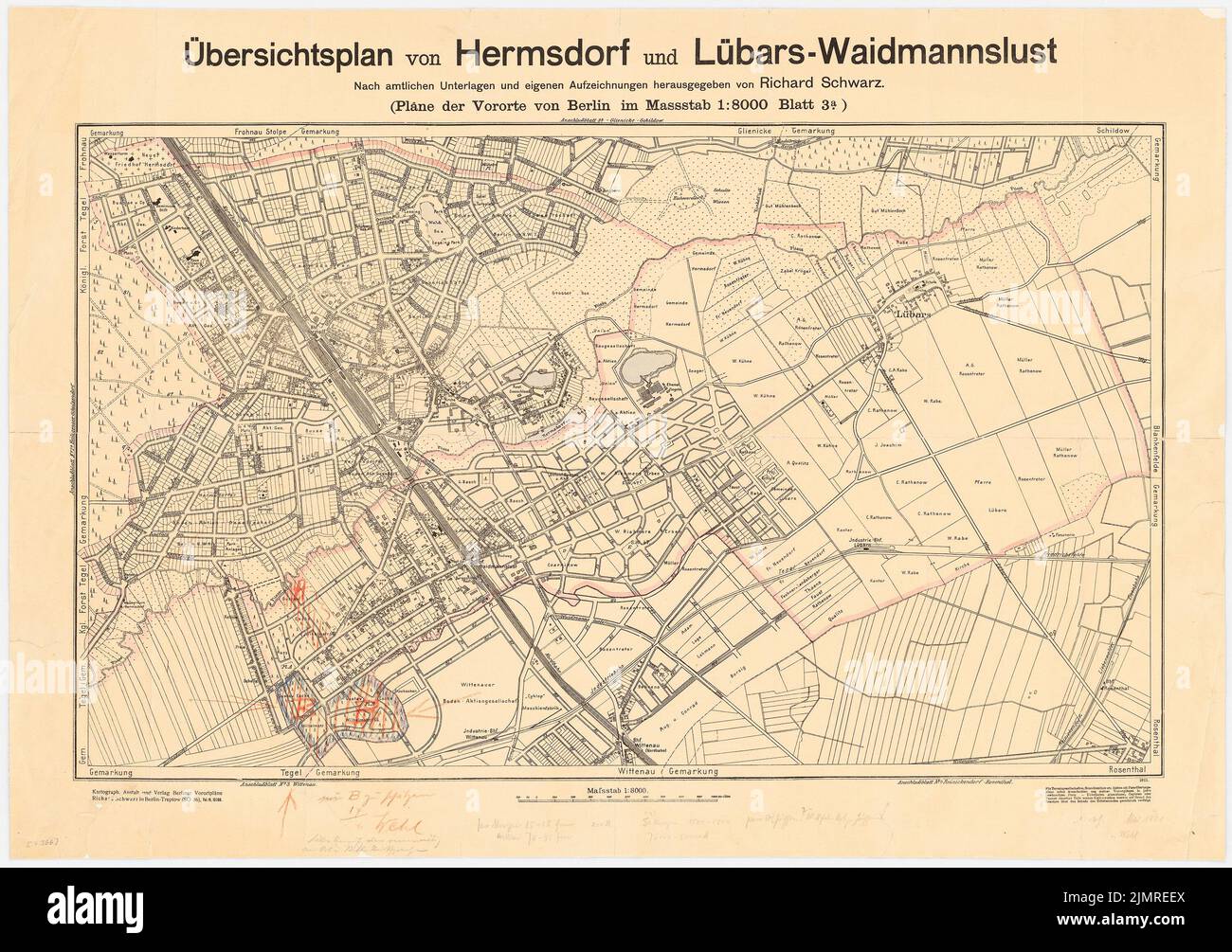 Auteurs inconnus, plan d'ensemble Hermsdorf et Lübars-Waidmannslust, Berlin (env 1921): plan du site 1: 8000. Crayon, crayon de couleur sur la pression sur le papier, 60 x 85,2 cm (y compris les bords de numérisation) unbek. Verfasser : Übersichtsplan Hermsdorf und Lübars-Waidmannslust, Berlin Banque D'Images