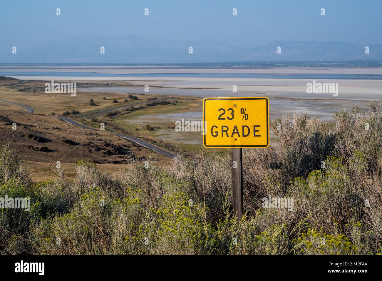 Panneau d'avertissement pour les automobilistes d'Antelope Island SP, Utah Banque D'Images