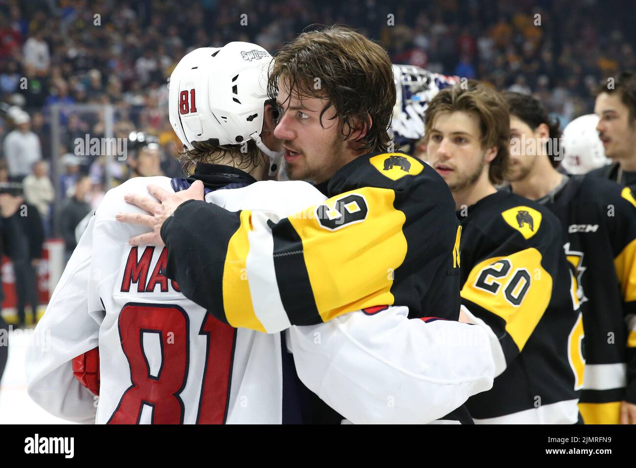 (Éditoriale seulement) Logan Morrison(9) des Champions de l'OHL des Bulldogs de Hamilton 2022. Luke Durda/Alamy Banque D'Images