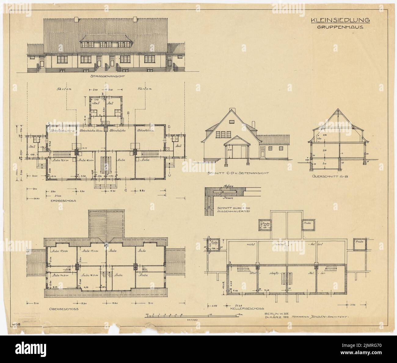 Jansen Hermann (1869-1945), maisons modèles pour petits établissements (24.03.1919) : Maison de groupe Kleinsiedlung avec vue de face, coupe Transversale A - B, coupe C - D avec vue latérale, 3 plans d'étage depuis le sous-sol et O. tus et crayon sur transparent, 60 , 2 x 71,1 cm (y compris les bords de balayage) Jansen Hermann (1869-1945): Musterhäuser für Kleinsiedlungen Banque D'Images