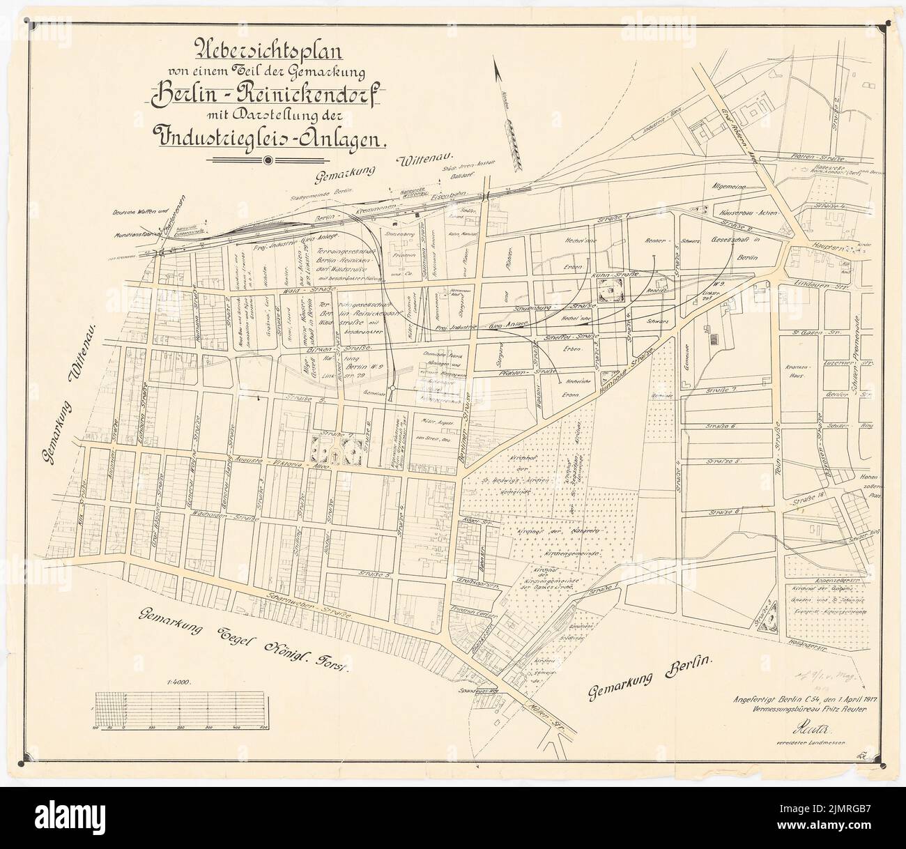Reuter Fritz, plan de développement pour Berlin-Reinickendorf (01.04.1917): Département de Subs avec systèmes de voie industrielle 1: 4000. Imprimer aquarelle sur papier, 70,1 x 80,7 cm (y compris les bords de numérisation) Reuter Fritz : Bebauungsplan Berlin-Reinickendorf Banque D'Images