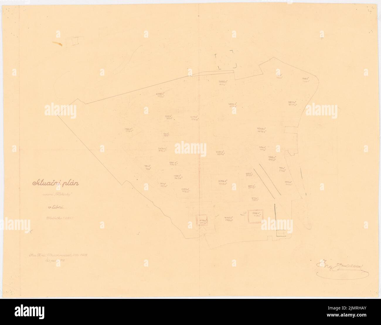 Jansen Hermann (1869-1945), plan de développement de Prague et des environs. Projet II Kosinka. Plan officiel (20 mai 1928) : (à partir du n° de stock 21207) Plan de situation (plan du site) 1: 2880, plan de base avec des lignes élevées de la carte cadastrale 1: 2880, fixation des coins du terrain. Crayon sur le papier, 34,7 x 44,4 cm (y compris les bords de numérisation) Jansen Hermann (1869-1945): Bebauungsplan Prag und Umgebung. Projekt II Kosinka. Plan Amtlicher Banque D'Images Jansen Hermann (1869-1945), plan de développement de Prague et des environs. Projet II Kosinka. Plan officiel (20 mai 1928) : (à partir du n° de stock 21207) Plan de situation (plan du site) 1: 2880, plan de base avec des lignes élevées de la carte cadastrale 1: 2880, fixation des coins du terrain. Crayon sur le papier, 34,7 x 44,4 cm (y compris les bords de numérisation) Jansen Hermann (1869-1945): Bebauungsplan Prag und Umgebung. Projekt II Kosinka. Plan Amtlicher Banque D'Images