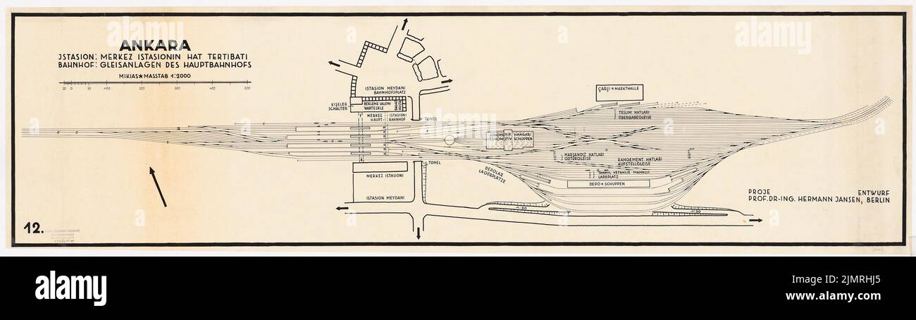 Jansen Hermann (1869-1945), plan de développement total Ankara (1928-1928): Plan de base et plan de site des systèmes de voie de la gare centrale 1: 2000. Encre sur transparent, 36,2 x 129,1 cm (y compris les bords de balayage) Jansen Hermann (1869-1945): Gesamtbebauungsplan Ankara Banque D'Images