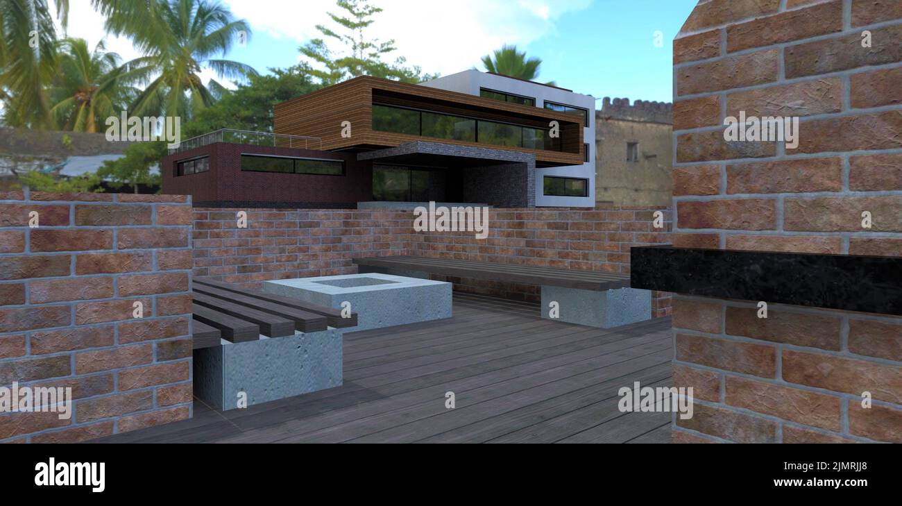 Magnifique patio confortable près d'une maison moderne de pointe. Bancs en bois, un endroit pour un feu. Décoration murale vieille brique. 3d rendu. Banque D'Images