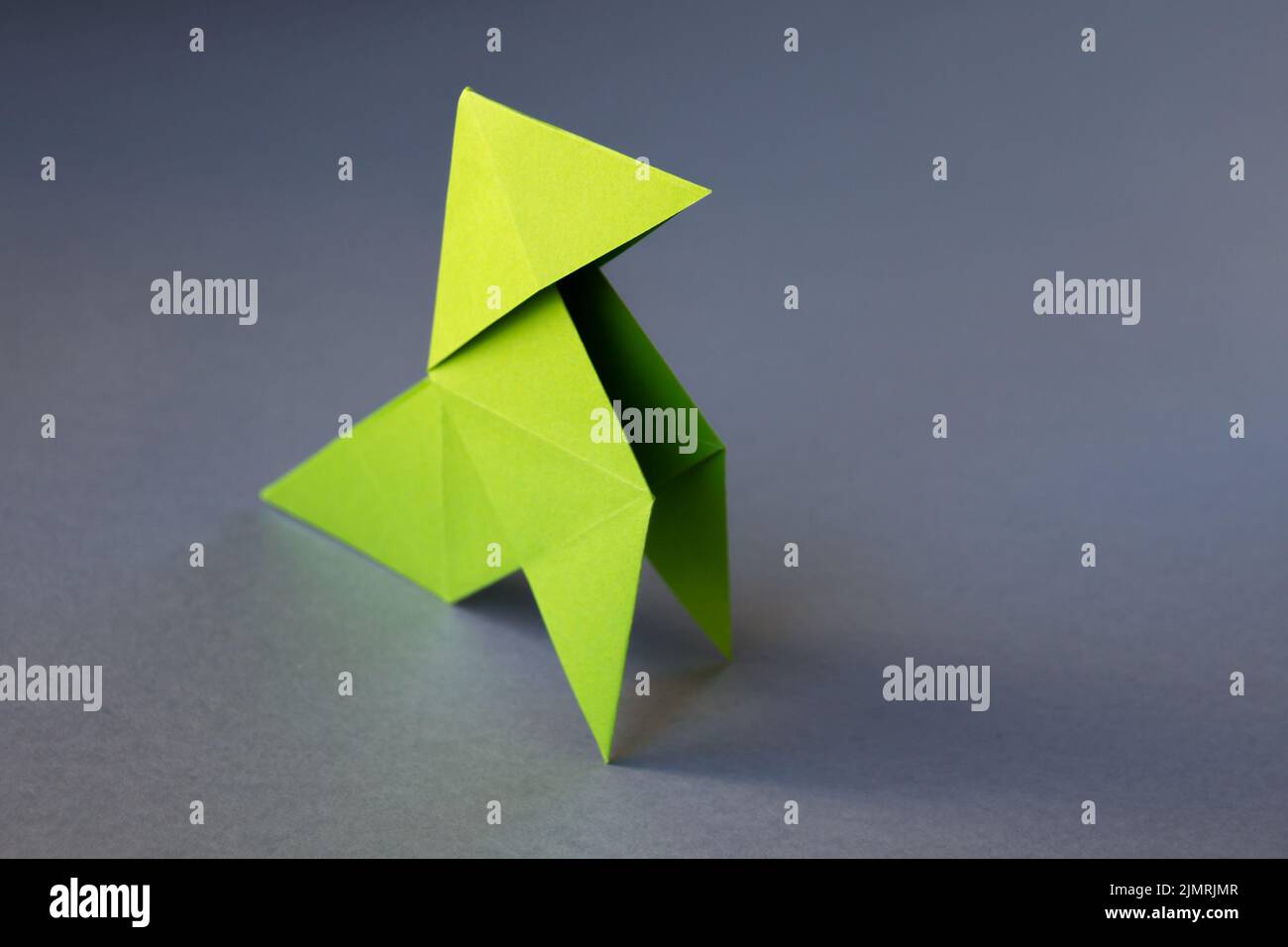 L'origami en papier vert est isolé sur un fond gris Banque D'Images