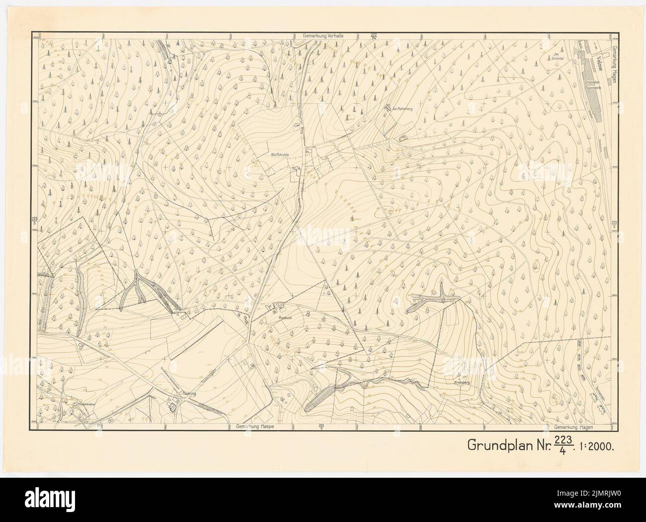 Jansen Hermann (1869-1945), plan de développement Hagen (1931-1931) : feuille de calcul de la carte de base avec les lignes d'altitude, ministère 223, fiche 4 1 : 2000. Lithographie sur papier, 74,7 x 101,1 cm (y compris les bords de balayage) Jansen Hermann (1869-1945): Hagen Bebauungsplan Banque D'Images