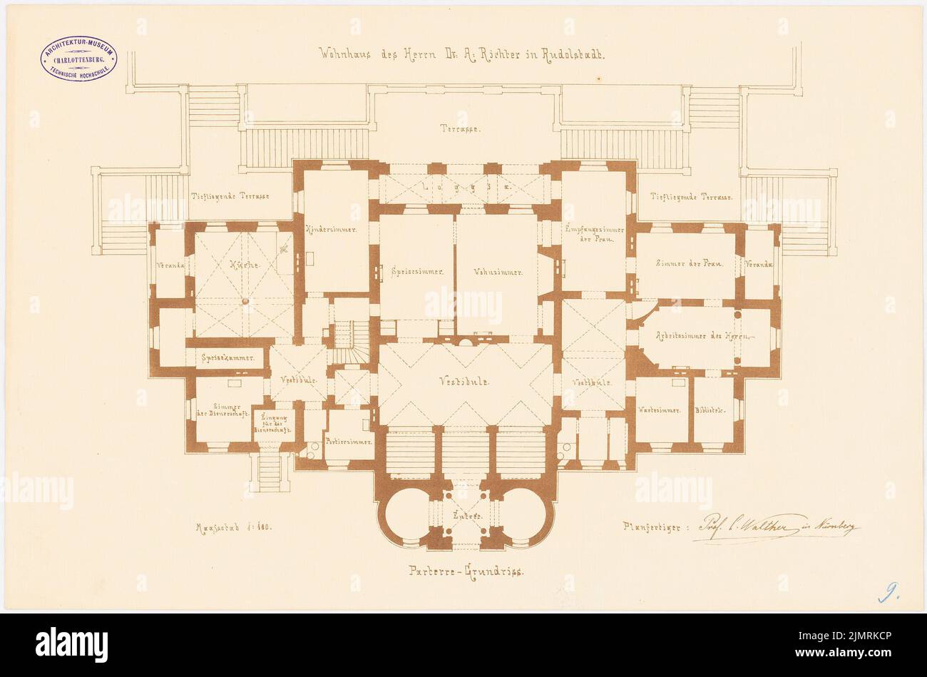 Walther Conradin (1846-1910), immeuble résidentiel Dr. A. Richter, Rudolstadt (1878): Grundriss EG 1: 100. Pression sur le papier, 36,1 x 54,5 cm (y compris les bords de numérisation) Walther Conradin (1846-1910): Wohnhaus Dr. A. Richter, Rudolstadt Banque D'Images