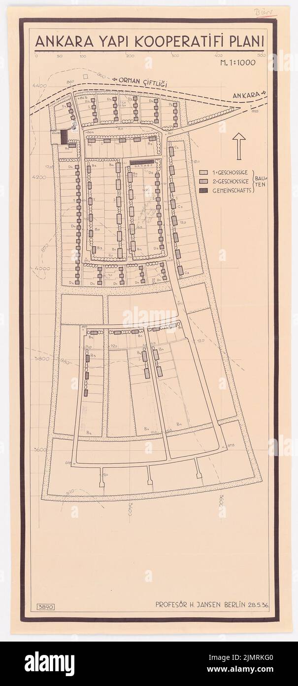 Jansen Hermann (1869-1945), plan de développement total Ankara. Colonie Bahceli Evler Yapi Cooperifi (28 mai 1936) : Département 1 : 1000. Crayon sur papier, 140,9 x 65,7 cm (y compris les bords de balayage) Jansen Hermann (1869-1945): Gesamtbebauungsplan Ankara. Siedlung Bahceli Evler Yapi Kooperatifi Banque D'Images