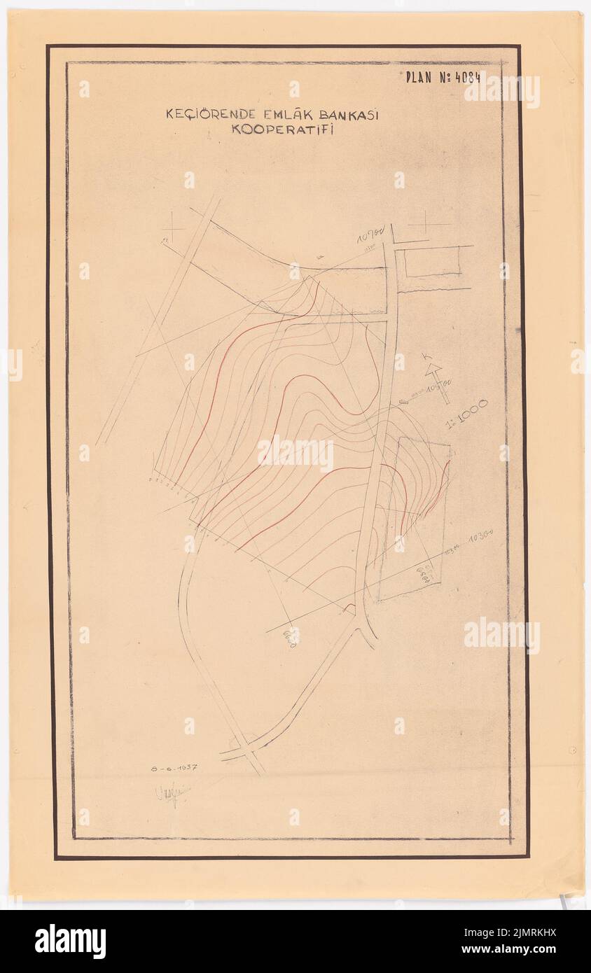 Jansen Hermann (1869-1945), plan de développement total Ankara. Règlement Keciörende Emlak Bankasi Cooperifi (08/08/1937): Plateau de planification avec lignes de hauteur 1: 1000. Crayon blanc et coloré sur une rupture de papier, 119,4 x 77,6 cm (y compris les bords de balayage) Jansen Hermann (1869-1945): Gesamtbebauungsplan Ankara. Siedlung Keciörende Emlak Bankasi Kooperatifi Banque D'Images