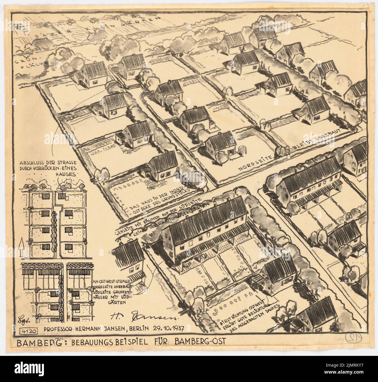 Jansen Hermann (1869-1945), plan de développement de Bamberg (29 octobre 1937) : selon le plan et la perspective (spectacle d'oiseaux). Charbon et encre sur transparent, 52,7 x 55,9 cm (y compris les bords de balayage) Jansen Hermann (1869-1945): Bebauungsplan Bamberg Banque D'Images