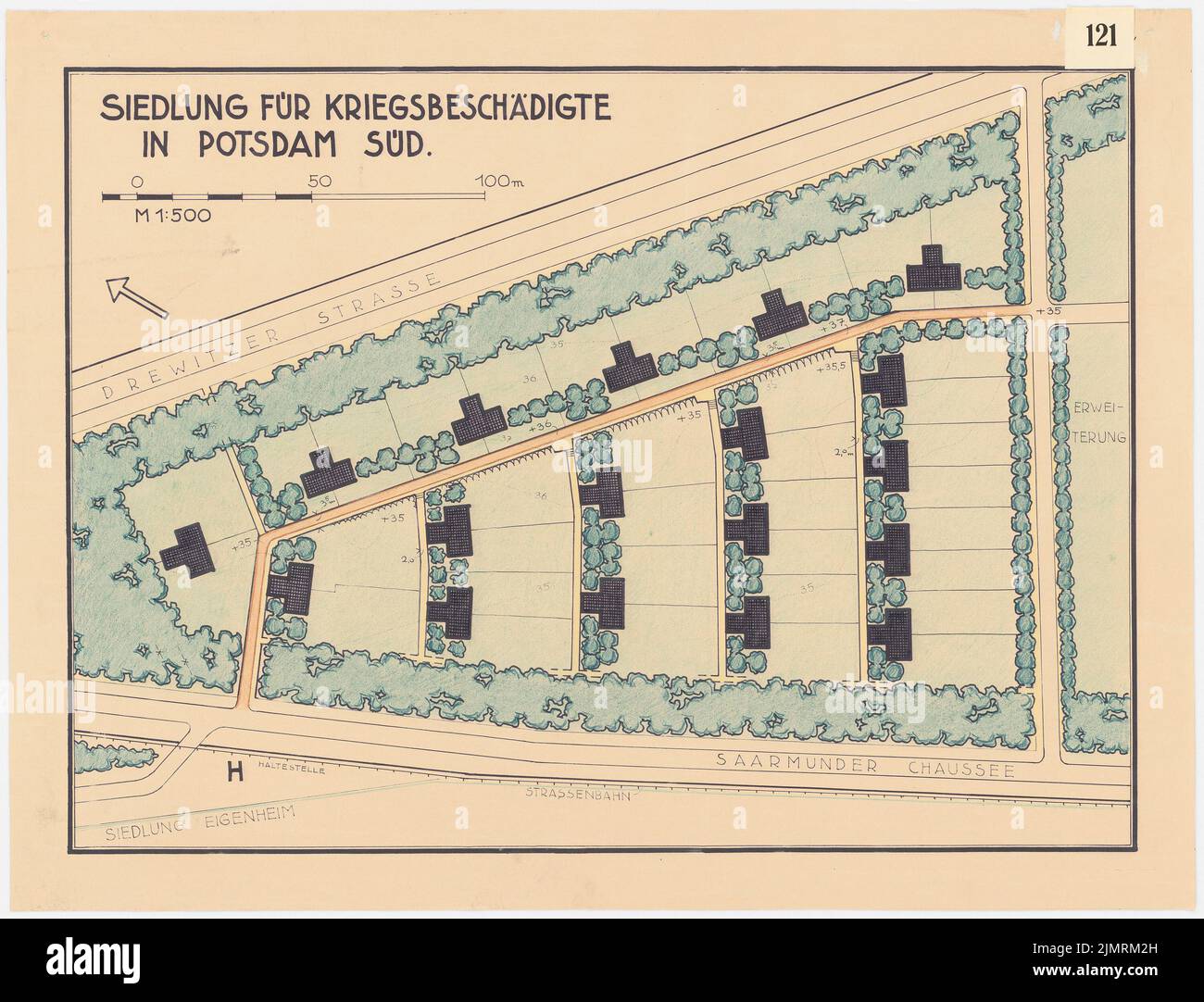 Jansen Hermann (1869-1945), colonie de personnes endommagées par la guerre à Potsdam (1933-1933): Département 1: 500. Crayons de couleur sur une pause sur papier, 52,8 x 69,2 cm (y compris les bords de balayage) Jansen Hermann (1869-1945): Siedlung für Kriegsbeschädigte, Potsdam Banque D'Images