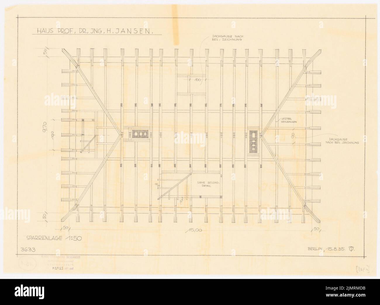 Jansen Hermann (1869-1945), Haus Jansen à Berlin-Grunewald (15.08.1935): Le plan de plancher fait figure de DG 1:50. Crayon, crayon de couleur sur transparent, 34,4 x 46,9 cm (y compris les bords de balayage) Jansen Hermann (1869-1945): Haus Jansen, Berlin-Grunewald Banque D'Images