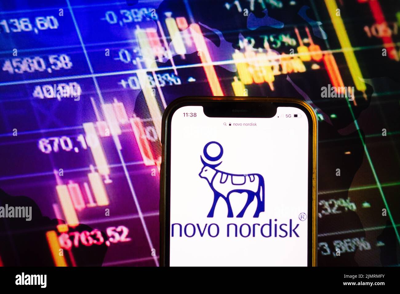 KONSKIE, POLOGNE - 07 août 2022: Smartphone affichant le logo de Novo Nordisk sa sur fond de diagramme boursier Banque D'Images