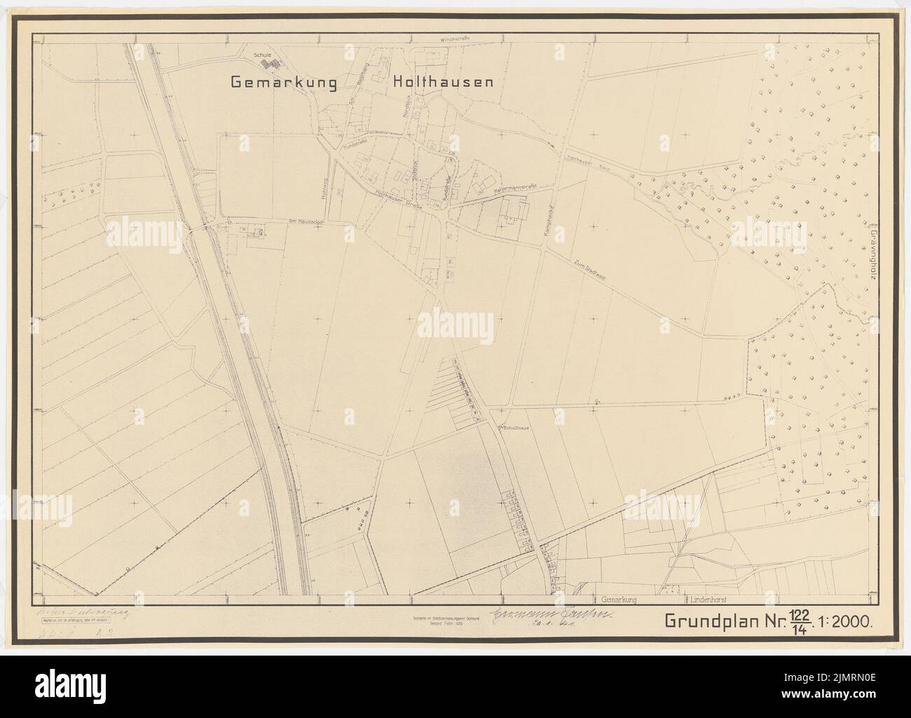 Jansen Hermann (1869-1945), Plan de développement de Dortmund (20.01.1941) : banlieue, section 122/14 1 de la carte : 2000. Rupture de lumière sur papier, 71,2 x 99 cm (y compris les bords de numérisation) Jansen Hermann (1869-1945): Bebauungsplan Dortmund Banque D'Images