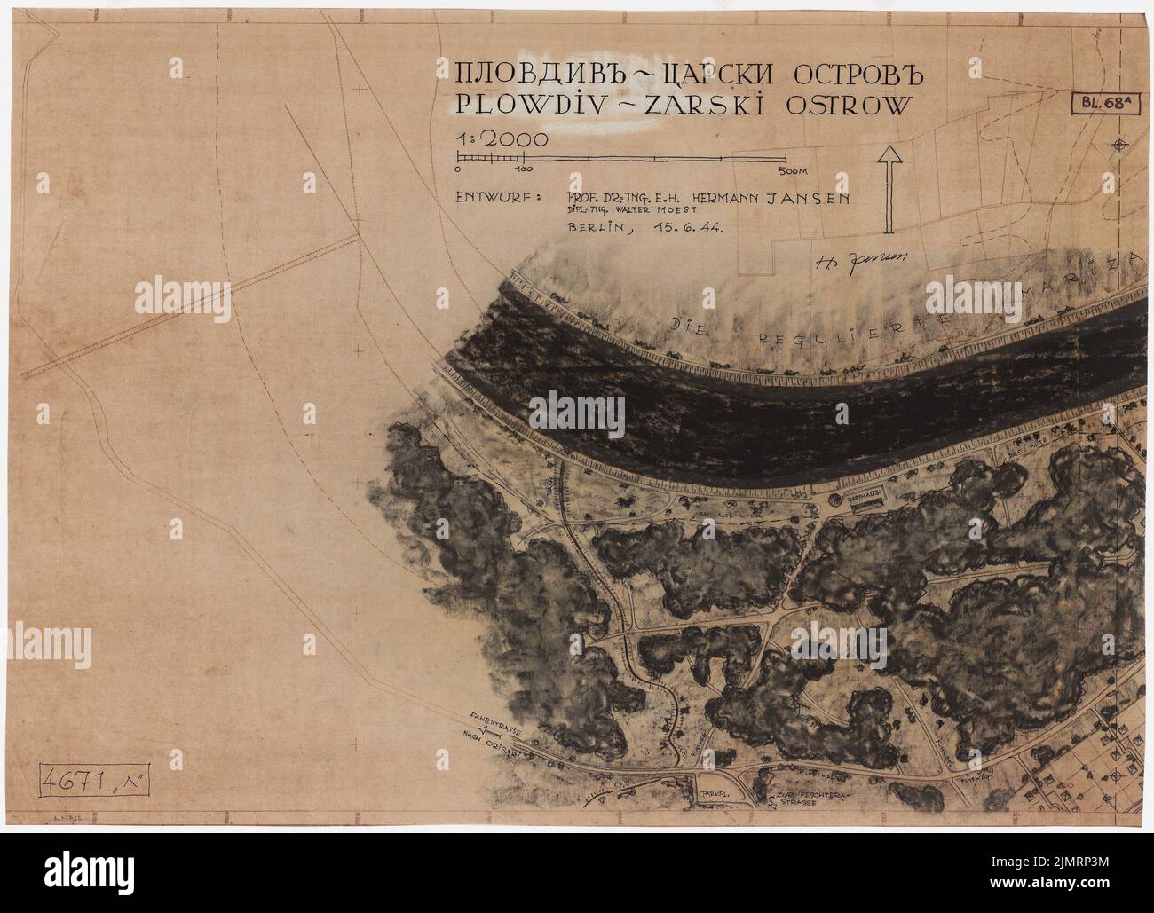 Jansen Hermann (1869-1945), planification de Plowdiw (15 juin 1944) : Zarski Ostrow, plan de développement, plan du site système de parc 1 : 2000. Encre et charbon sur une rupture sur les bannières, 63,4 x 87,7 cm (y compris les bords de balayage) Jansen Hermann (1869-1945): Planung für Plouwdiw Banque D'Images