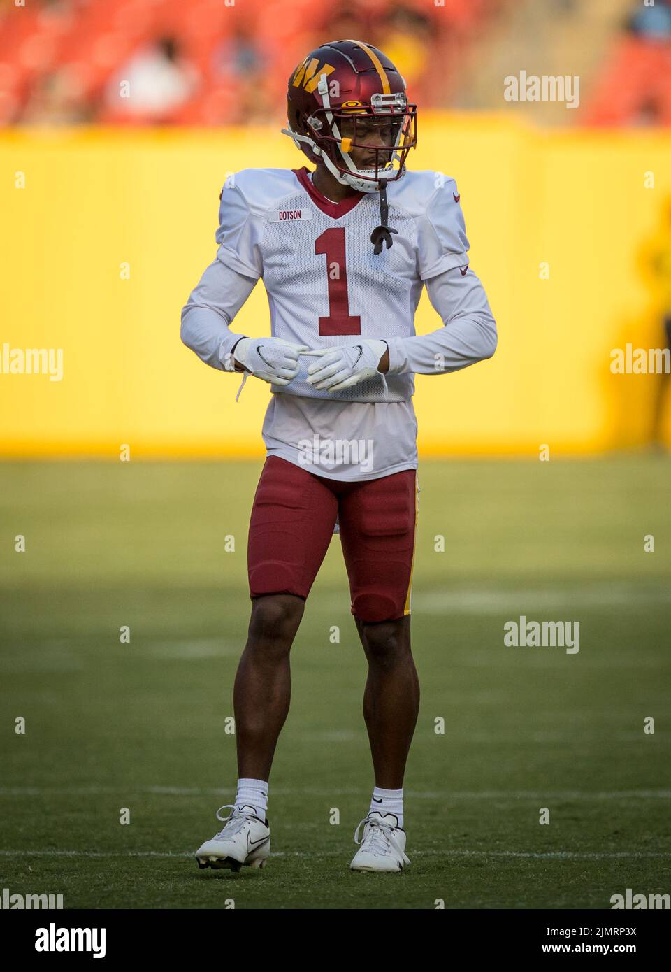 6 août 2022: Jahan Dotson, grand receveur des Washington Commanders (1), lors de la mise en pratique du camp d'entraînement de football de l'équipe de la NFL au champ ex de la Fed à Landover, Maryland photographe: Cory Royster Banque D'Images