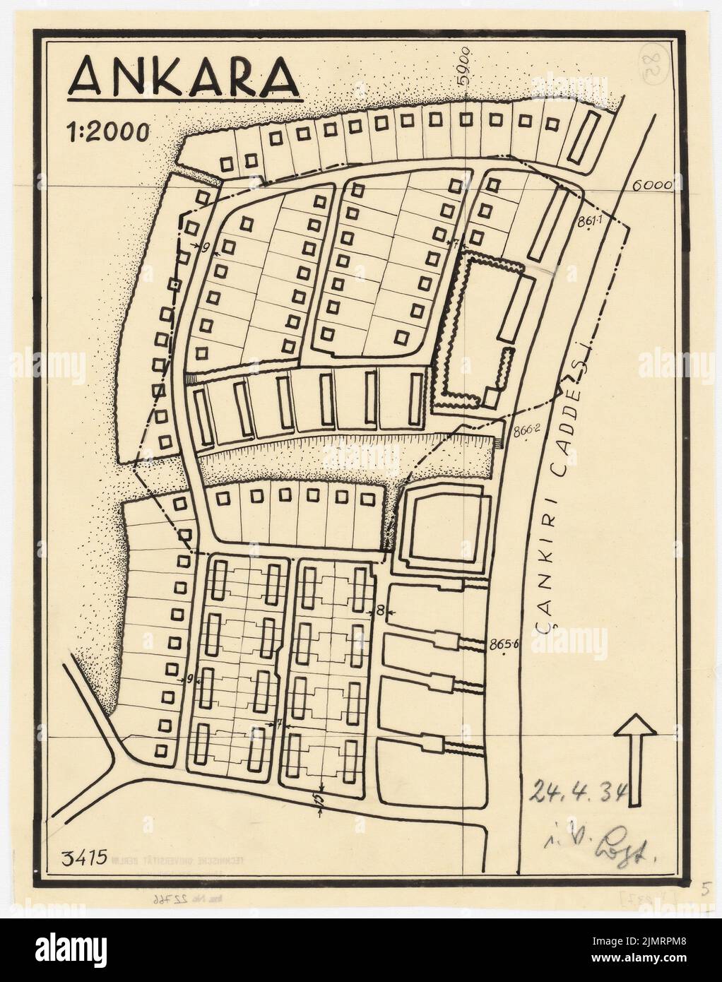 Jansen Hermann (1869-1945), plan de développement total Ankara. Plan d'aménagement partiel du centre-ville (24.04.1934): Plan de base et plan du site 1: 2000 du centre-ville, C. Cankiri, zone résidentielle à l'ouest. Encre, crayon sur transparent, 33,4 x 26,3 cm (y compris les bords de balayage) Jansen Hermann (1869-1945): Gesamtbebauungsplan Ankara. Teilbebauungsplan innere Stadt Banque D'Images