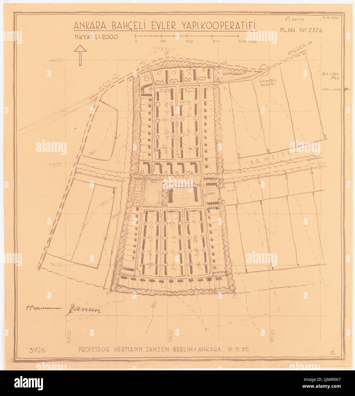 Jansen Hermann (1869-1945), plan de développement total Ankara. Règlement Bahceli Evler Yapi Cooperifi (12.11.1935): (Léger break from Inv.no 23047), Grund- und Dialtplan 1: 2000. Crayon sur papier, 72,6 x 69,7 cm (y compris les bords de balayage) Jansen Hermann (1869-1945): Gesamtbebauungsplan Ankara. Siedlung Bahceli Evler Yapi Kooperatifi Banque D'Images