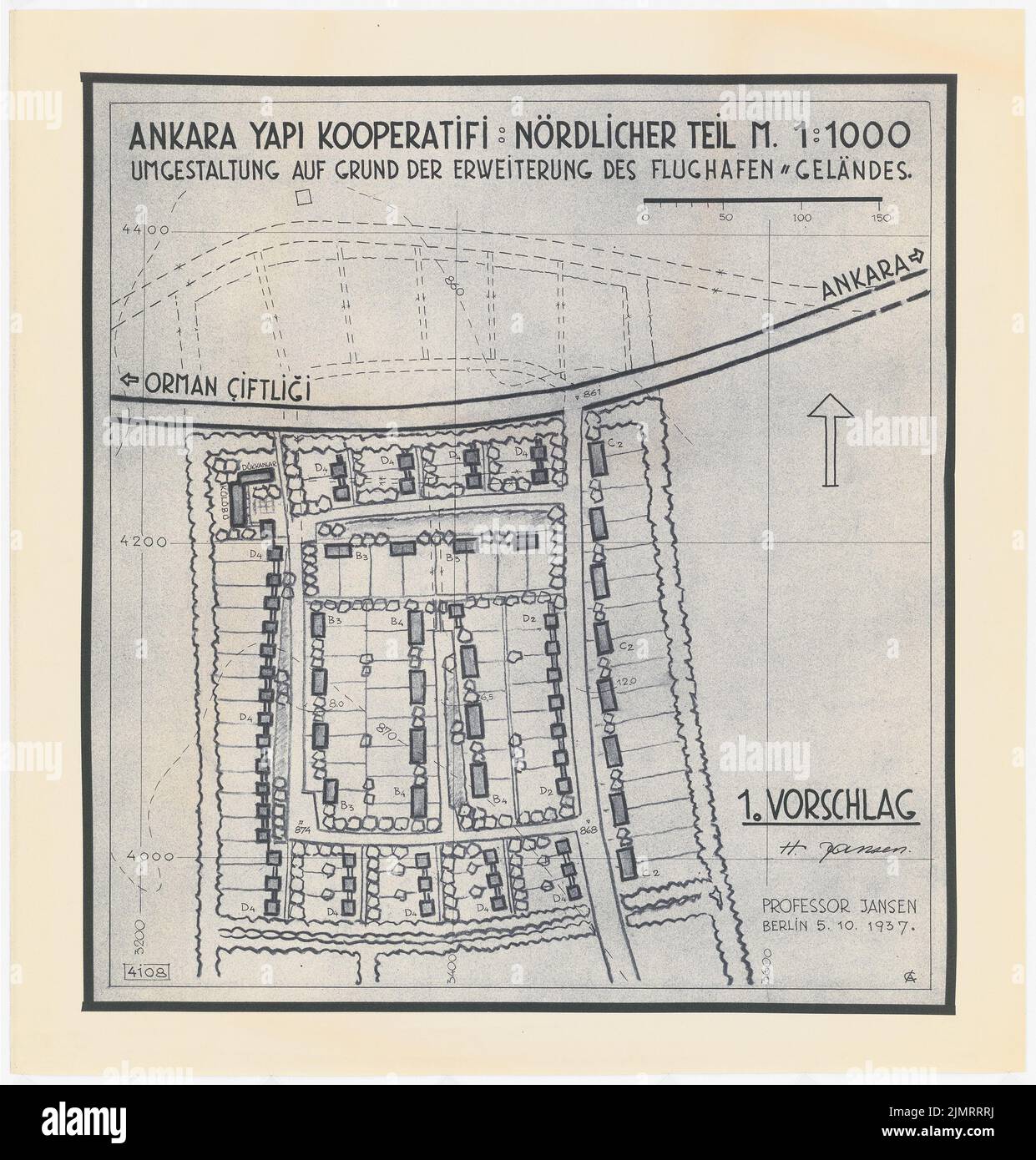 Jansen Hermann (1869-1945), plan de développement total Ankara. Règlement Bahceli Evler Yapi Cooperifi (05.10.1937): (Léger break from Inv.no 23085), plan de base et plan de localisation 1 : 1000 section nord, 2nd phase du projet, nouvelle version, 1st suggestion. Rupture de lumière sur papier, 69,2 x 66,1 cm (y compris les bords de balayage) Jansen Hermann (1869-1945): Gesamtbebauungsplan Ankara. Siedlung Bahceli Evler Yapi Kooperatifi Banque D'Images