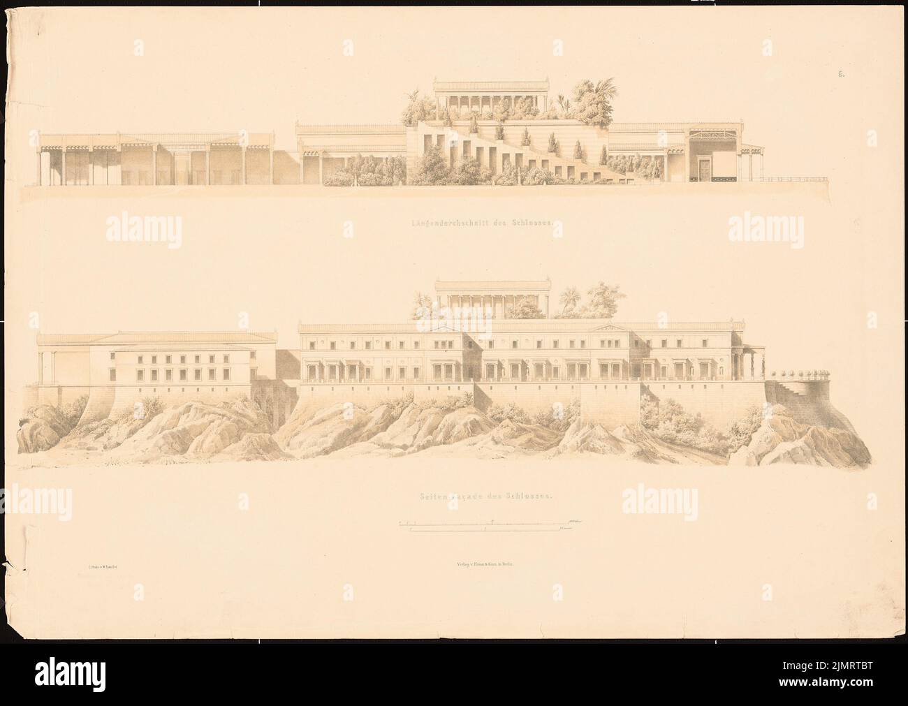 Schinkel Karl Friedrich (1781-1841), Château d'Orianda, Crimée (1873) : façade latérale. Lithographie colorée sur la boîte, 59,6 x 84,1 cm (y compris les bords de balayage) Schinkel Karl Friedrich (1781-1841): Schloss Orianda, Krim Banque D'Images