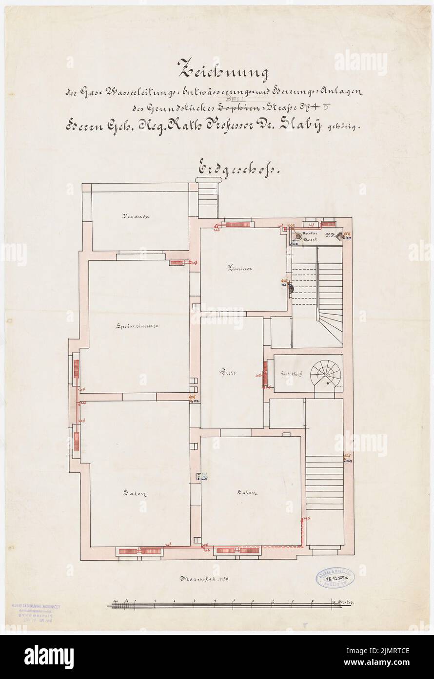 Unknown Architect, Villa Slaby, Sophienstraße 4 à Berlin-Charlottenburg (18 décembre 1894): Plan au rez-de-chaussée de la villa avec gaz, conduite d'eau, systèmes de drainage et de chauffage, 1:50, échelle bar. Encre, crayon, couleur encre, aquarelle sur transparent, 64,5 x 44,2 cm (y compris les bords de numérisation) N. : Villa Slaby, Sophienstraße 4, Berlin-Charlottenburg Banque D'Images