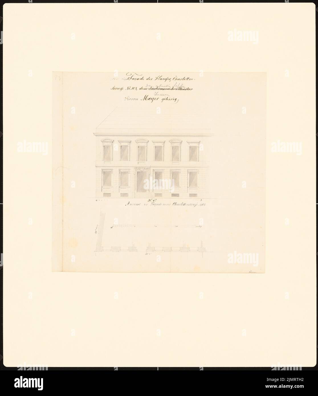 Krüger Andreas Ludwig (1743-1805), Potsdamer Bürgerhäuser. Construire des enregistrements (appelé Ziller-Folder) vers 1850. Charlottenstraße (construit en 1783) (1855-1855) : façade avant du RISS, plan d'étage avant, façade latérale (échelle, pied). Aquarelle crayon et encre sur papier, 58,8 x 50,5 cm (y compris les bords de numérisation) Krüger Andreas Ludwig (1743-1805): Potsdamer Bürgerhäuser. Bauaufnahmen (sog. Ziller-Mappe) 1850. Wohnhaus Charlottenstraße 108 (Baujahr 1783) Banque D'Images