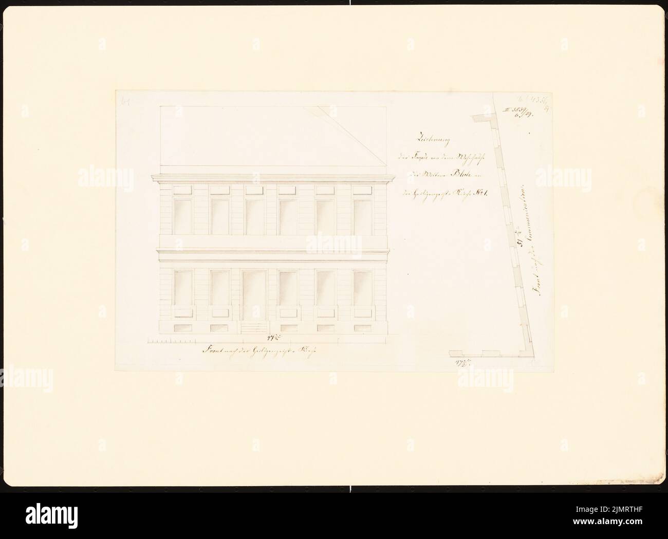 Schulze Johann Gottlob (1755-1834), maisons de ville de Potsdam. Construire des enregistrements (appelé Ziller-Folder) vers 1850. Bâtiment résidentiel sur l'église Saint-Esprit 1 (construit en 1785) (1855-1855) : façade supérieure, plan d'étage avant pour la communication (barre d'échelle). Encre et crayon aquarelle sur papier, 33,8 x 45,8 cm (y compris les bords de balayage) Schulze Johann Gottlob (1755-1834): Potsdamer Bürgerhäuser. Bauaufnahmen (sog. Ziller-Mappe) 1850. Wohnhaus an der Heiligen Geist Kirche 1 (Baujahr 1785) Banque D'Images