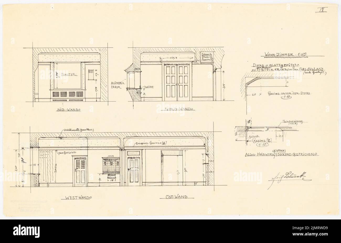 Blunck Erich (1872-1950), maison unifamiliale à Berlin-Nikolassee (1904-1904): Tourner les quatre murs du salon 1:50; Détails du plafond 1:50; Détails du plafond 1:10. Encre sur transparent, 30,6 x 47,4 cm (y compris les bords de numérisation) Blunck Erich (1872-1950): Einfamilienwohnhaus, Berlin-Nikolassee Banque D'Images