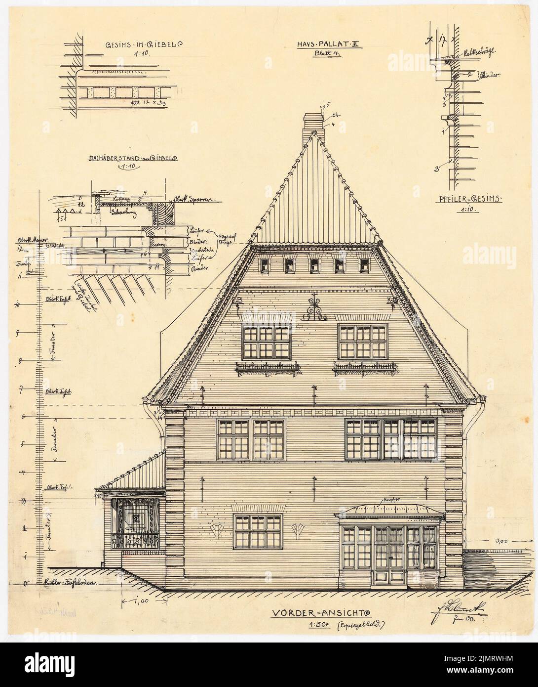 Blunck Erich (1872-1950), Landhaus Pallat à Stolpe, Berlin-Wannsee (01,1906): RISS: Vue de face 1:50 (image miroir pour le premier brouillon, Inv.No 43254); Détails 1:10: Cornice sur le pignon en vue et coupé, pilier cornice, là. Encre sur transparent, 45,7 x 38,3 cm (y compris les bords de balayage) Blunck Erich (1872-1950): Landhaus Pallas à Stolpe, Berlin-Wannsee Banque D'Images