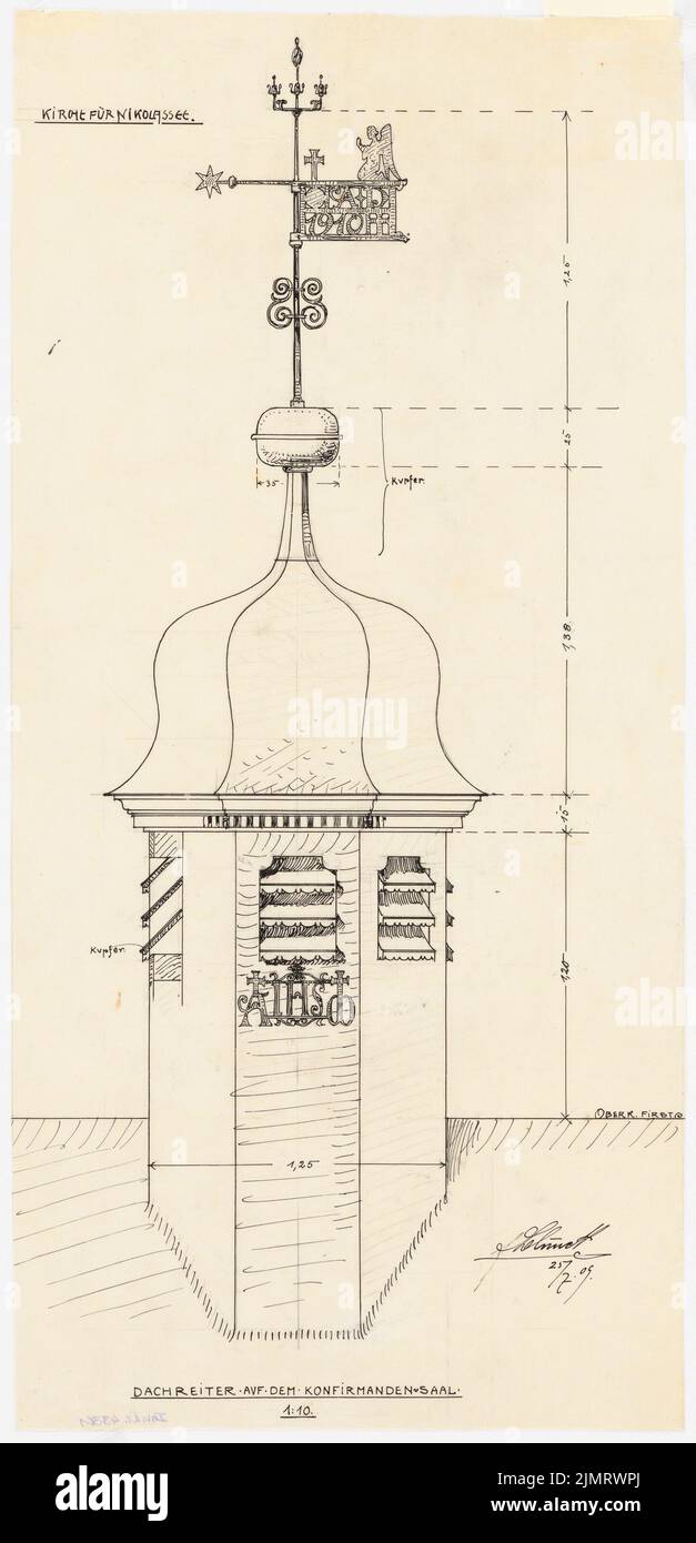 Blunck Erich (1872-1950), Eglise évangélique de Berlin-Nikolassee (25 juillet 1909): Détail 1:10: Vue du cavalier sur le toit dans la salle de confirmation; chiffres. Encre et crayon sur transparent, 60,5 x 29,2 cm (y compris les bords de balayage) Blunck Erich (1872-1950): Evangelische Kirche, Berlin-Nikolassee Banque D'Images