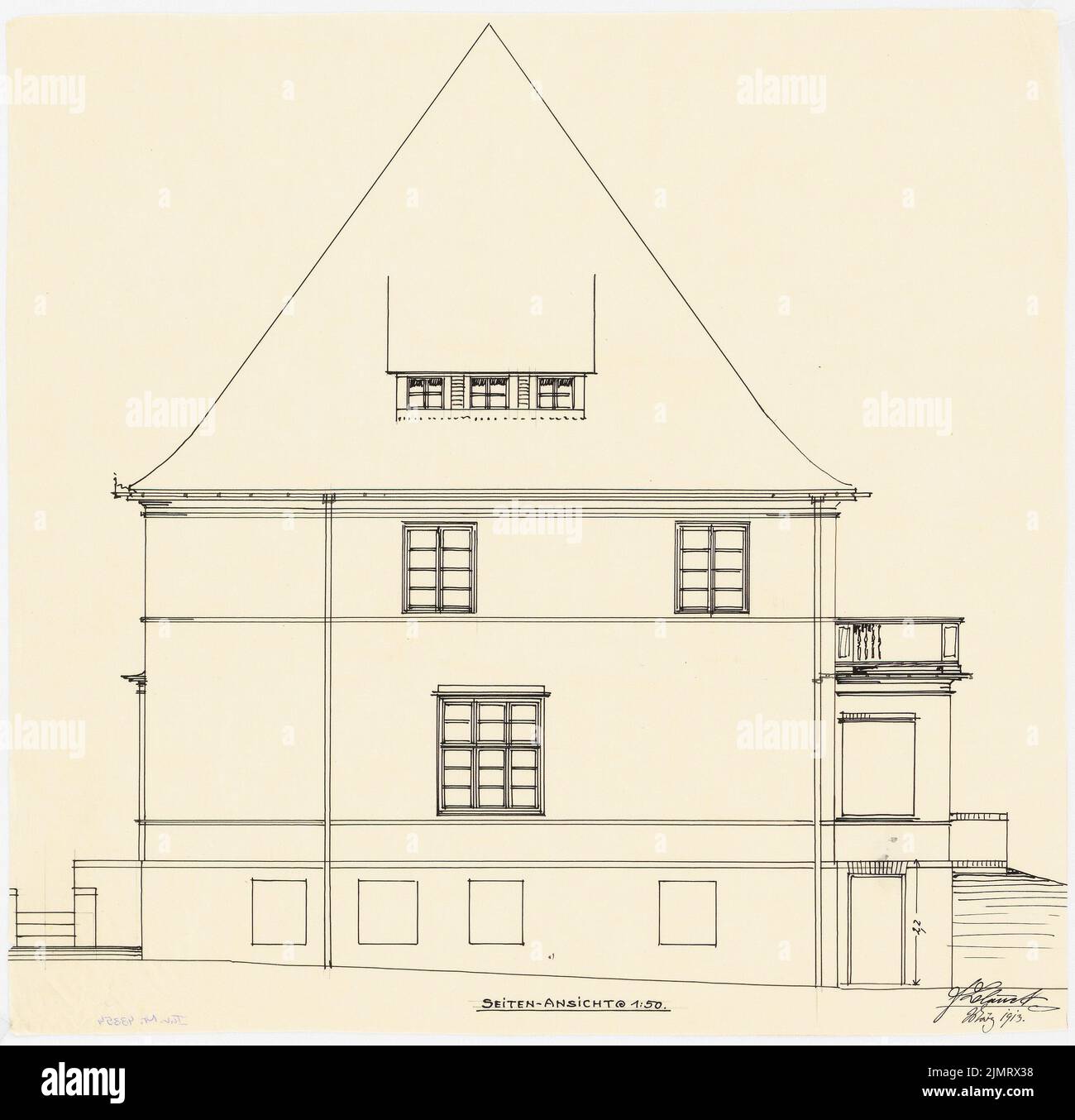 Blunck Erich (1872-1950), maison unifamiliale avec jardin à Berlin. (?) (03,1913): RISS vue latérale (depuis le sud-est) 1:50. Encre sur transparent, 36,2 x 37,3 cm (y compris les bords de numérisation) Blunck Erich (1872-1950): Einfamilienhaus mit Garten, Berlin (?) Banque D'Images