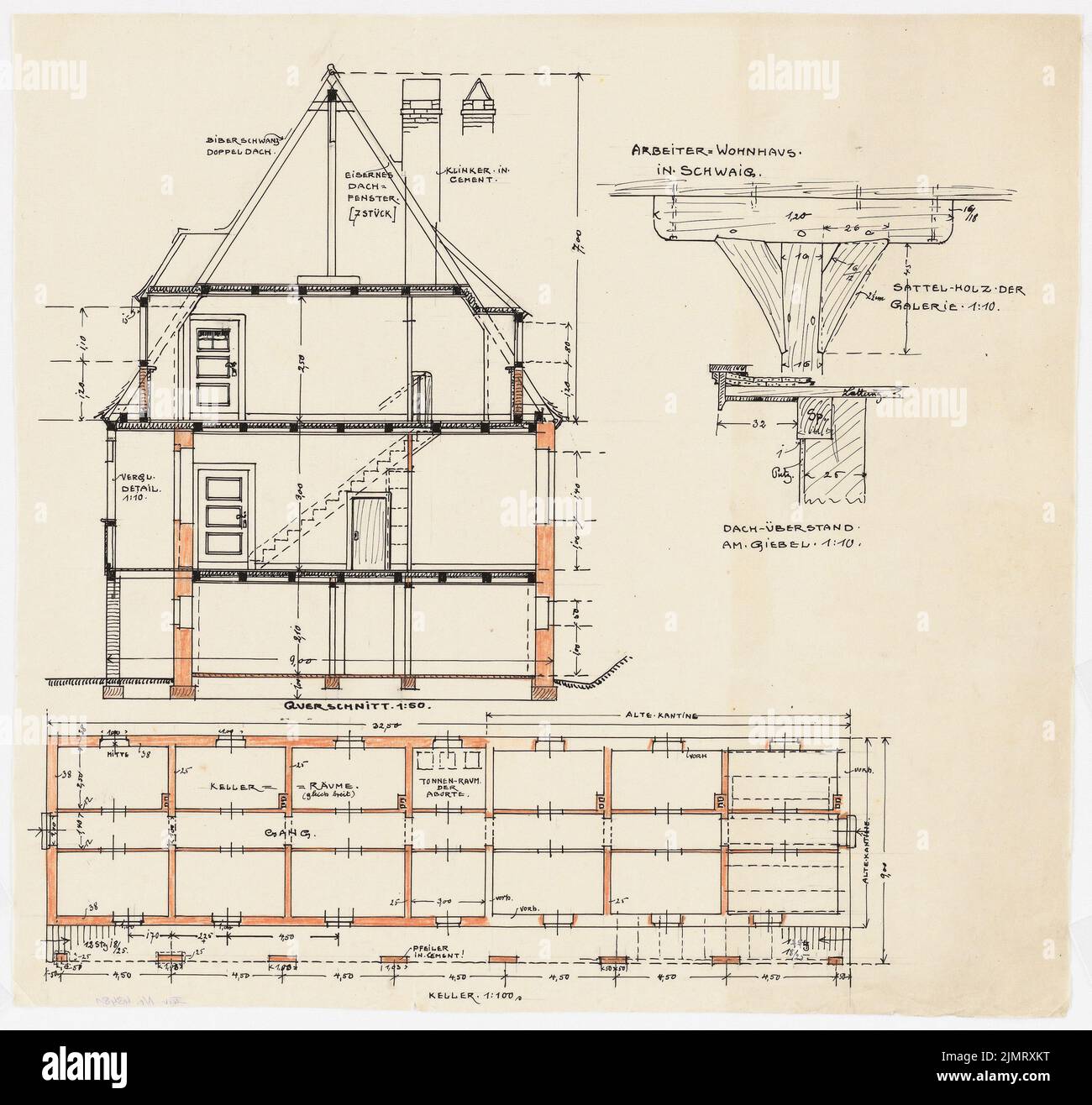 Blunck Erich (1872-1950), maison de travail avec 6 appartements à Schwaig (06,1920): Grundriss Keller 1: 100; Cross -section 1:50; Détails 1:10: Bois de selle de la galerie, porte-à-faux sur le toit. Encre et crayon de couleur sur transparent, 41,3 x 43,8 cm (y compris les bords de balayage) Blunck Erich (1872-1950): Arbeiterwohnhaus mit 6 Wohnungen, Schwaig Banque D'Images