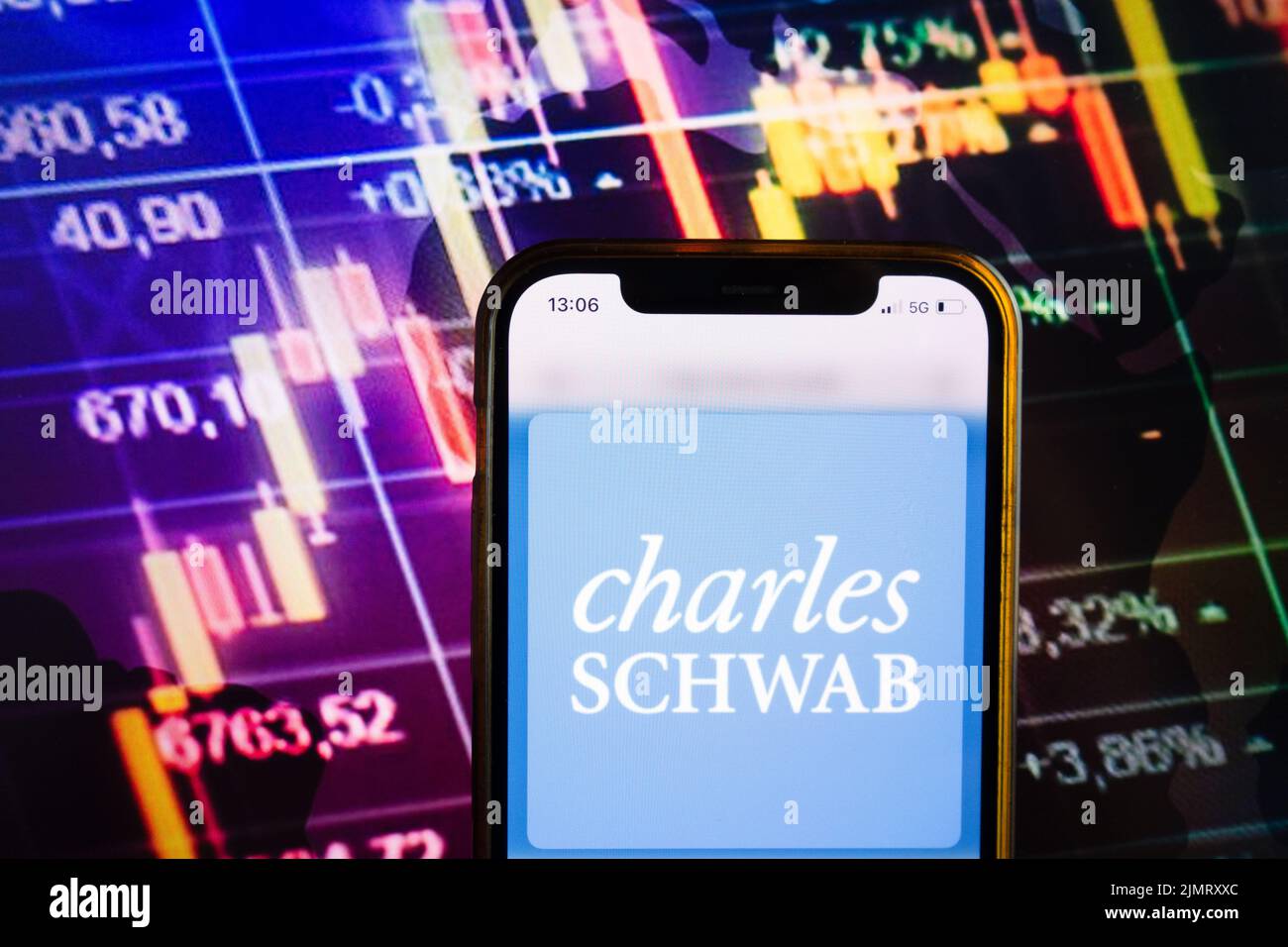 KONSKIE, POLOGNE - 07 août 2022: Smartphone affichant le logo de Charles Schwab Corporation sur fond de diagramme boursier Banque D'Images