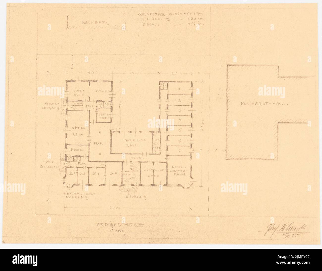 Blunck Erich (1872-1950), immeuble (trois étages) (15 octobre 1925): Grundriss Terre étage 1: 200 avec programme spatial (clubhouse?, Dortoir?). Léger bris de papier, 29,3 x 37,8 cm (y compris les bords de numérisation) Blunck Erich (1872-1950): Wohnblock (Drei Stockwerke) Banque D'Images Blunck Erich (1872-1950), immeuble (trois étages) (15 octobre 1925): Grundriss Terre étage 1: 200 avec programme spatial (clubhouse?, Dortoir?). Léger bris de papier, 29,3 x 37,8 cm (y compris les bords de numérisation) Blunck Erich (1872-1950): Wohnblock (Drei Stockwerke) Banque D'Images
