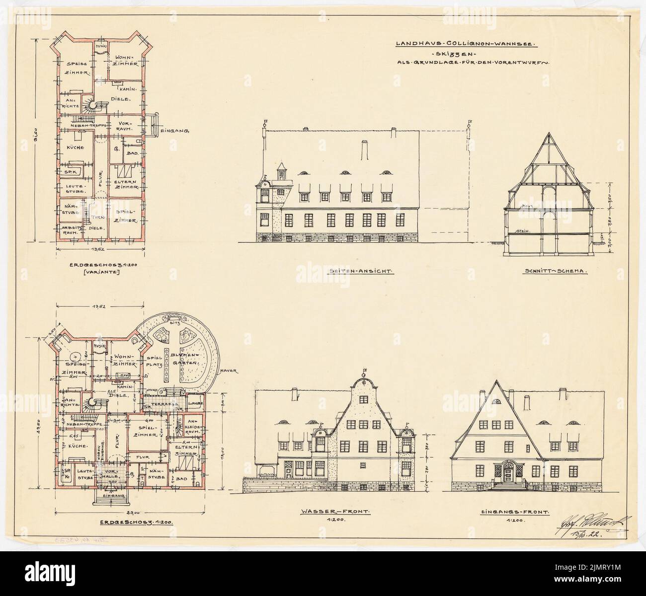 Blunck Erich (1872-1950), Haus Collignon (Maison des médecins à l'hôpital Heckeshorn) à Berlin-Wannsee (15 octobre 1922): Plan d'étage sol Terre (deux variantes principales) 1: 200; Rising the Side View 1: 200 and cross-section 1: 200 pour la variante à voilure unique; Riss 1: 200 de la. Encre, crayon, crayon de couleur sur transparent, 42,4 x 49,7 cm (y compris les bords de balayage) Blunck Erich (1872-1950): Haus Collignon (Ärztewohnhaus am Krankenhaus Heckeshorn), Berlin-Wannsee Banque D'Images