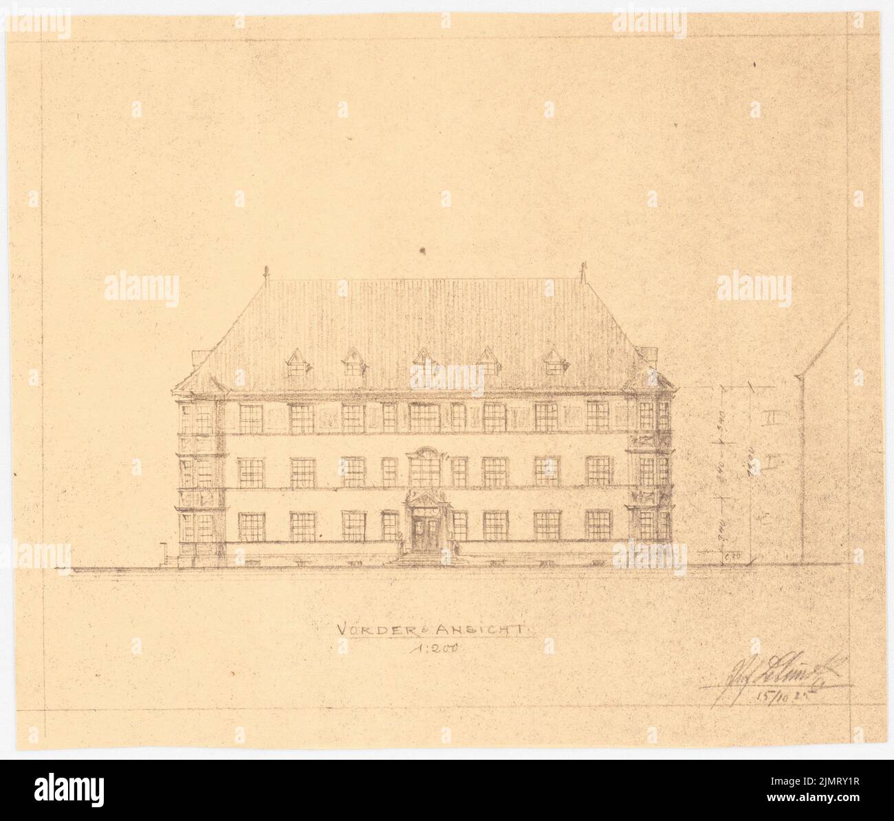 Blunck Erich (1872-1950), immeuble (trois étages) (15 octobre 1925): Vue de face du RISS 1: 200 (clubhouse?, Dorm?). Léger bris de papier, 23,6 x 27,8 cm (y compris les bords de numérisation) Blunck Erich (1872-1950): Wohnblock (Drei Stockwerke) Banque D'Images