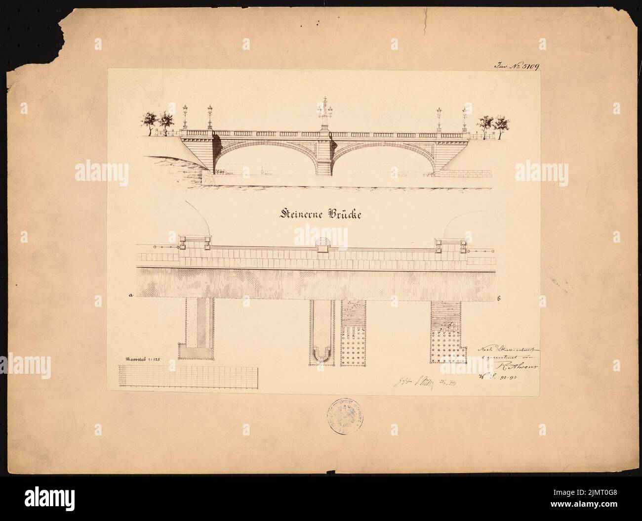 Ahrons R., Steinerne Brücke, 1: 125, travaux d'étude (1892): Vue, supervision et grans d'un pont avec barre d'échelle, échelle 1: 125. Photo sur papier, 33,3 x 44,9 cm (y compris les bords de numérisation) Ahrons R. : Steinerne Brücke Banque D'Images