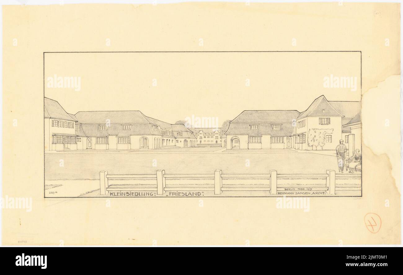 Jansen Hermann (1869-1945), Kleinsiedlung Friesland, Emden (02,1917) : vue de la zone verte depuis l'établissement de baignade vers le bâtiment de l'école. Crayon sur transparent, 44,3 x 72,2 cm (y compris les bords de balayage) Jansen Hermann (1869-1945): Kleinsiedlung Friesland, Emden Banque D'Images