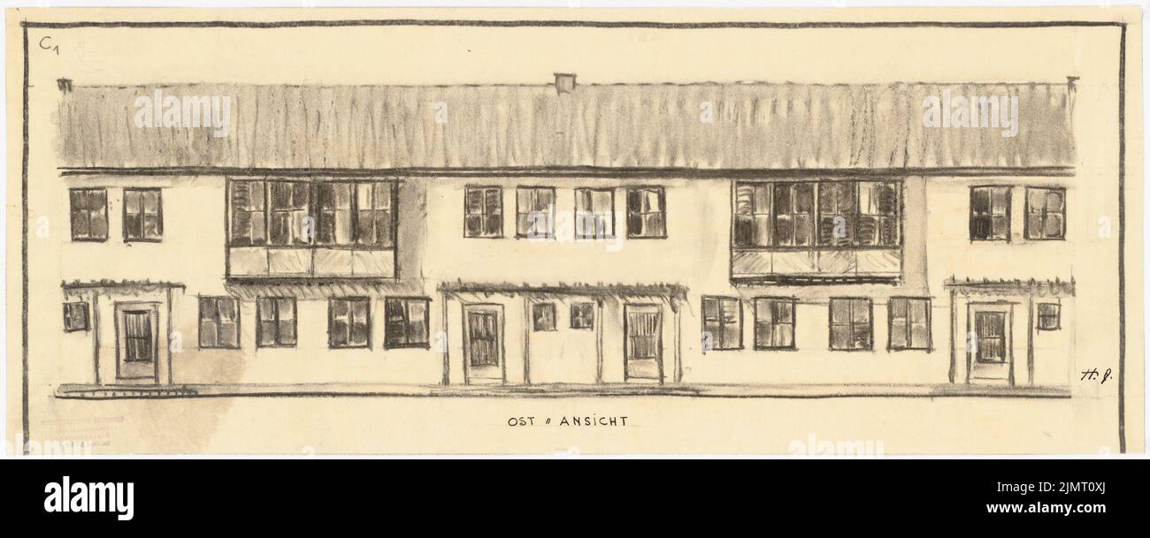 Jansen Hermann (1869-1945), plan de développement total Ankara. Ankara Cooperifi. Types de maisons (16 janvier 1936): Type C1, Ceyhan, rangée 4 chambres, vue sur la rue, plan d'étage rez-de-chaussée et étage 1:50. Charbon, encre et crayon sur transparent, 27,3 x 68,2 cm (y compris les bords de balayage) Jansen Hermann (1869-1945): Gesamtbebauungsplan Ankara. Ankara Kooperatifi. Haustypen Banque D'Images