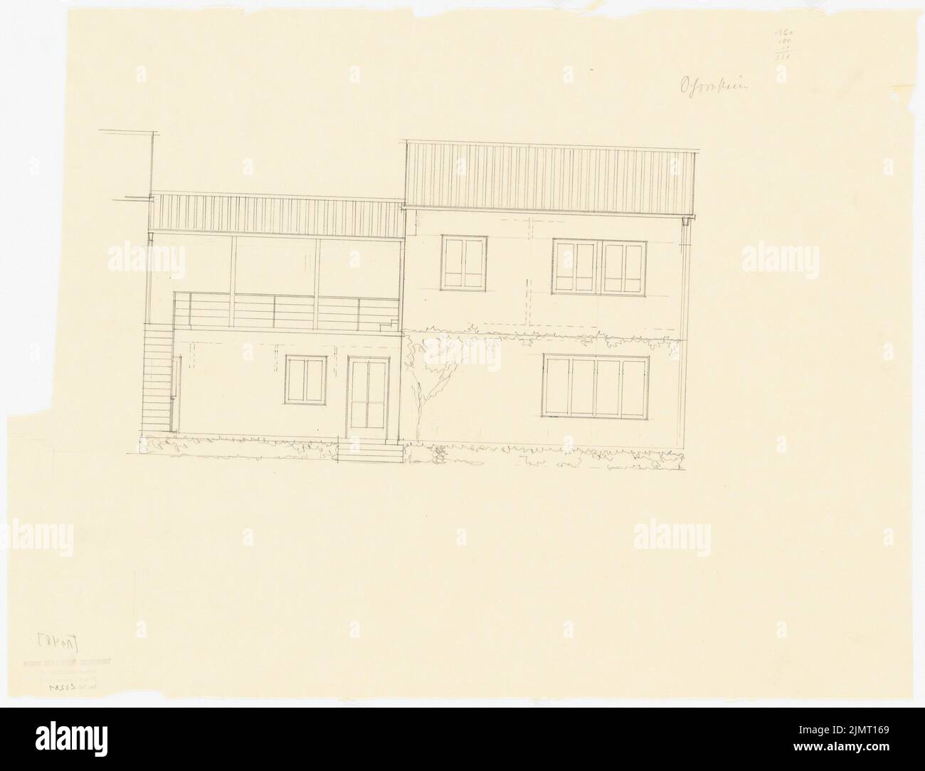 Jansen Hermann (1869-1945), plan de développement total Ankara. Ankara Cooperifi. Types de maisons (1936): Type D1, Denizli, maison de rangée (maison de chaîne) 3 pièces, vue arrière 1:50. Crayon sur transparent, 39 x 51 cm (y compris les bords de balayage) Jansen Hermann (1869-1945): Gesamtbebauungsplan Ankara. Ankara Kooperatifi. Haustypen Banque D'Images