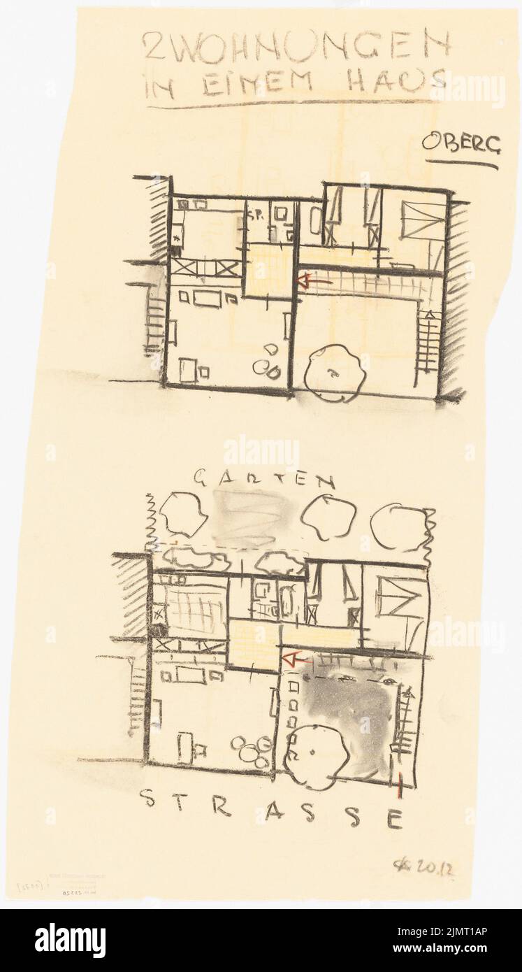 Jansen Hermann (1869-1945), plan de développement total Ankara. Ankara Cooperifi. Types de maisons (20 décembre 1935): Maison en rangée avec 2 appartements et cour d'entrée commune, plan d'étage rez-de-chaussée et étage supérieur environ 1:50. Charbon et crayon coloré sur transparent, 77,9 x 44,8 cm (y compris les bords de balayage) Jansen Hermann (1869-1945): Gesamtbebauungsplan Ankara. Ankara Kooperatifi. Haustypen Banque D'Images